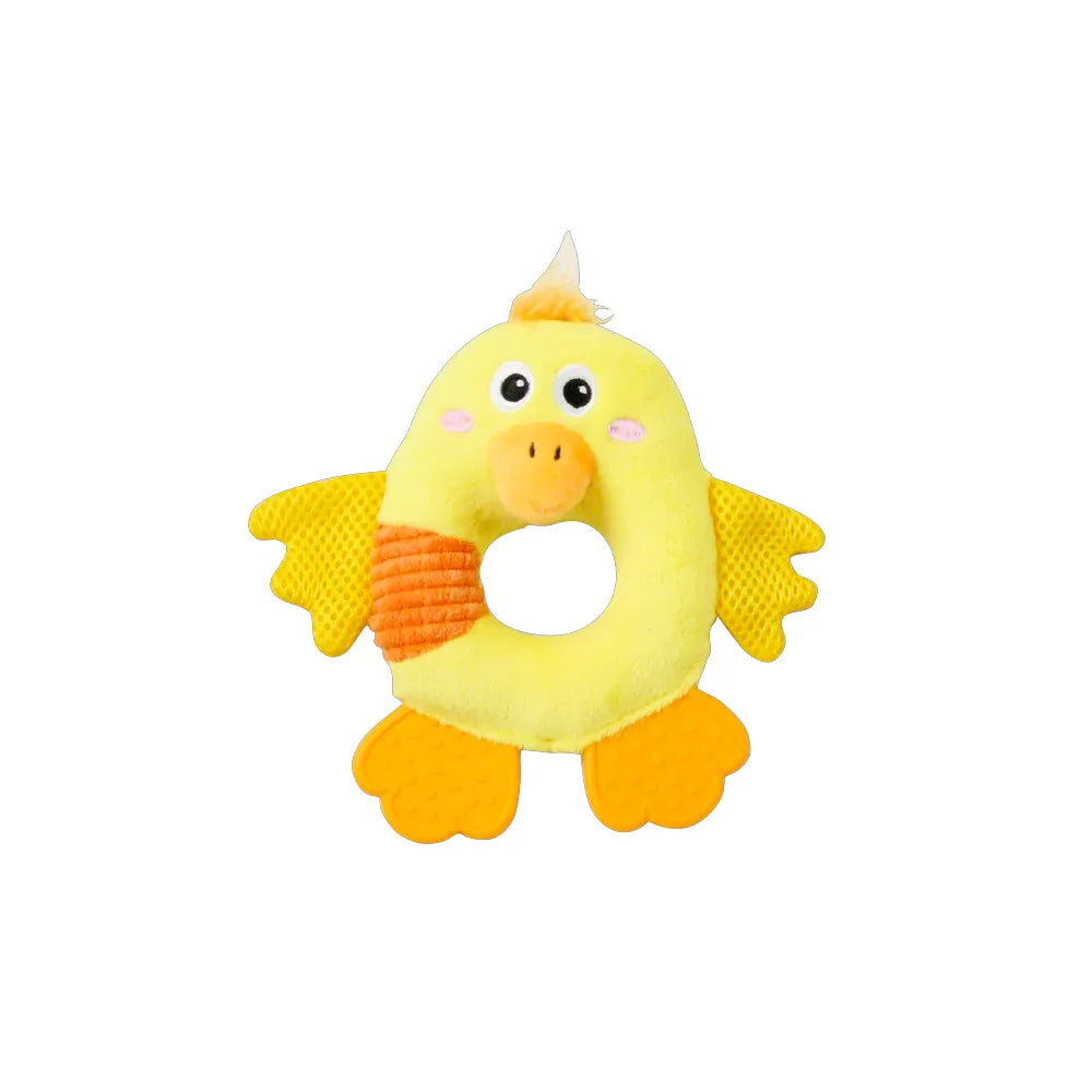 Pawise Juguete Hollow Pollito para perros, peluche amarillo con agujero central, alas de malla y patas de goma para morder