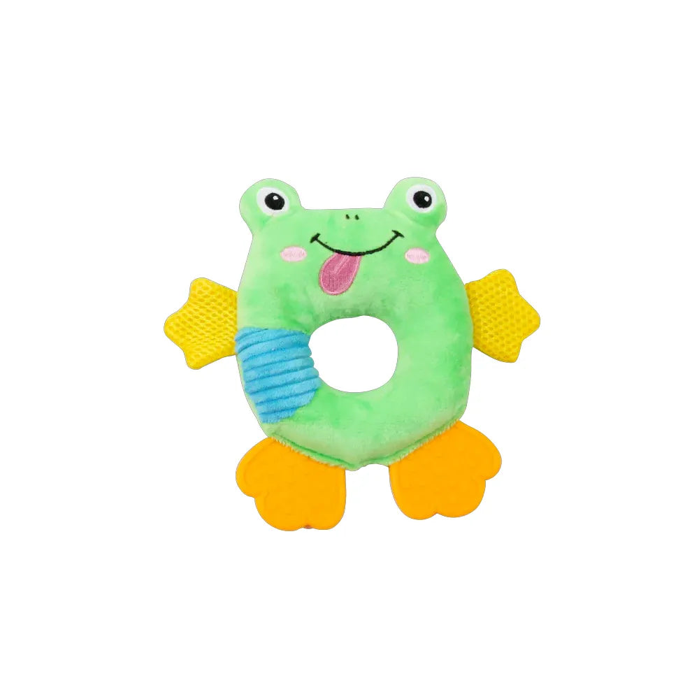 Pawise Juguete Hollow Ranita para perros, peluche verde con agujero central, alas amarillas y patas de goma para morder