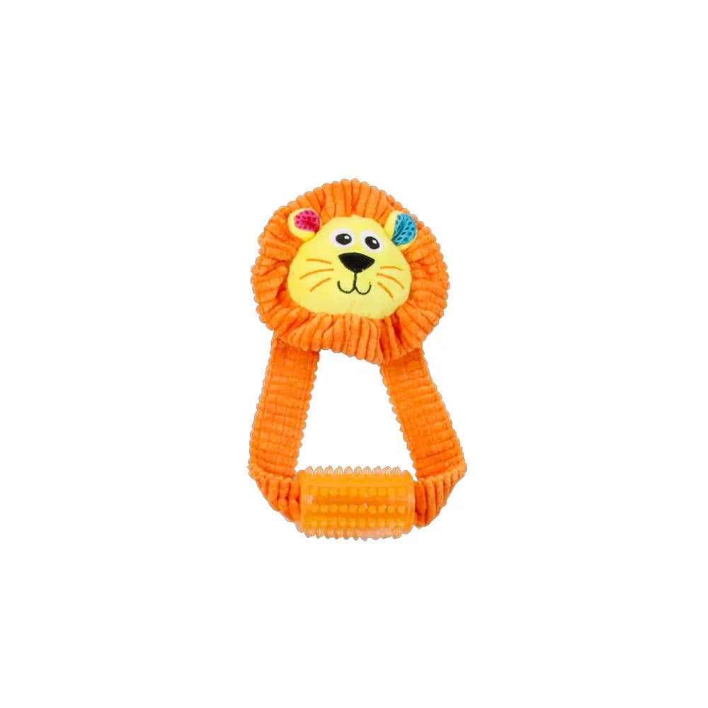 Pawise Juguete Leon con Tirador interactivo, figura de leon naranjo con asas de tela y rodillo texturizado para morder