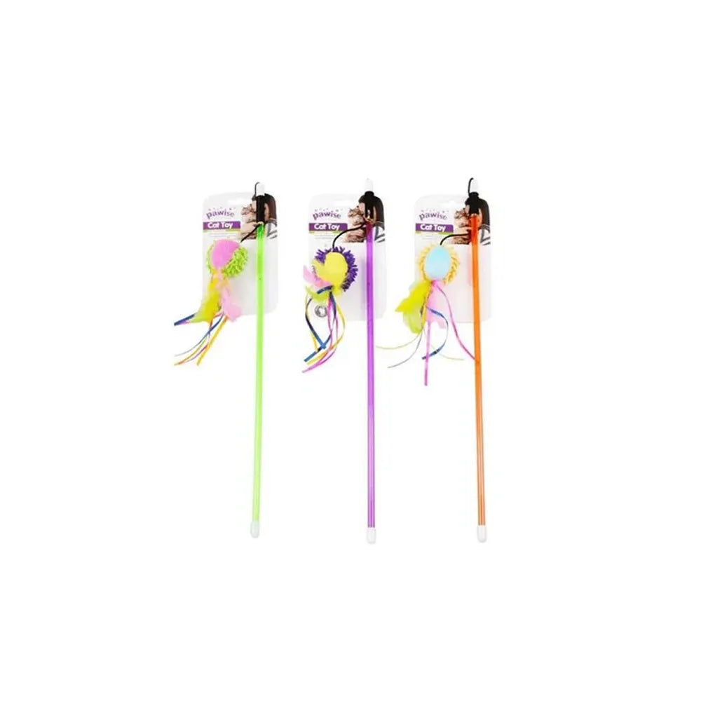Pawise Juguete Caña Meow, cañas interactivas para gatos con plumas y tiras multicolor, mango largo en verde, morado y naranja