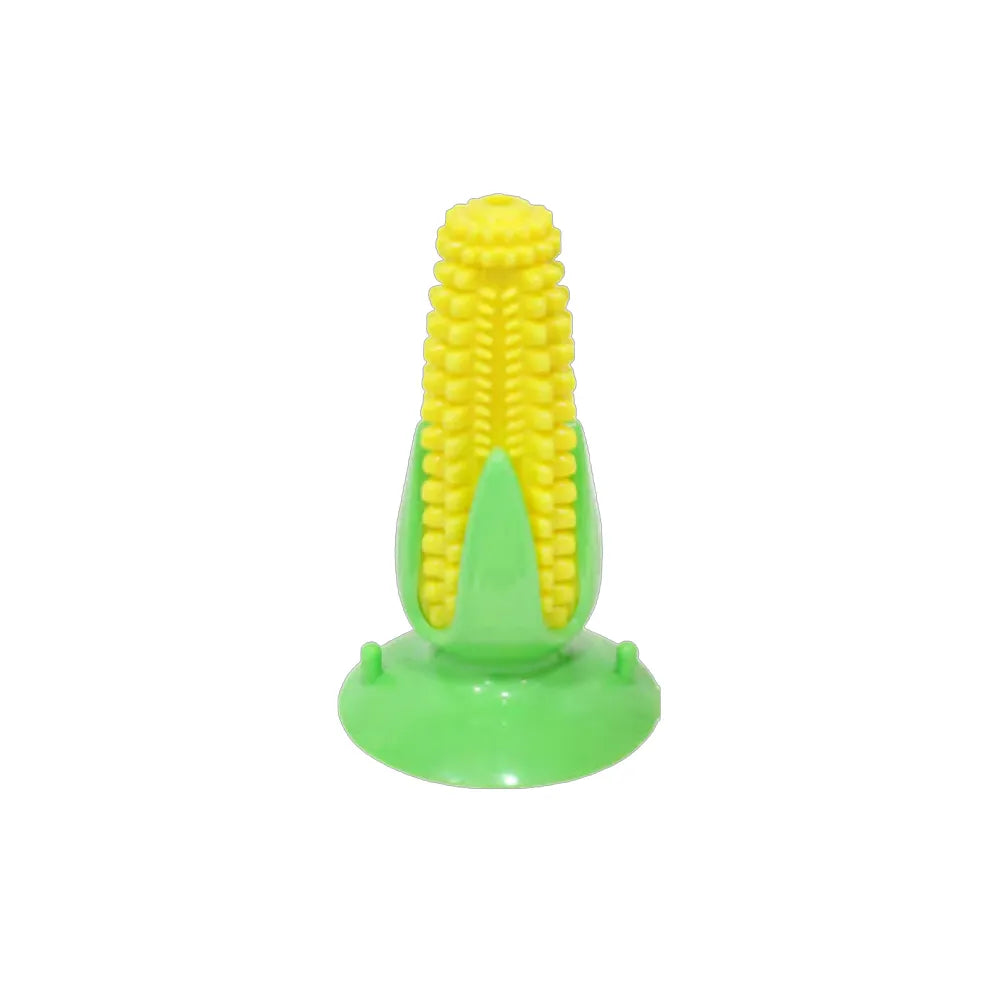 Pawise Juguete Limpia Dientes Maíz para perros en goma amarilla y base verde, diseño con textura para limpieza dental