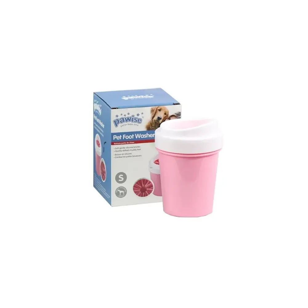 Pawise Limpiador de Patitas portátil color rosado con tapa blanca, incluye caja del producto, ideal para limpiar patas de mascotas