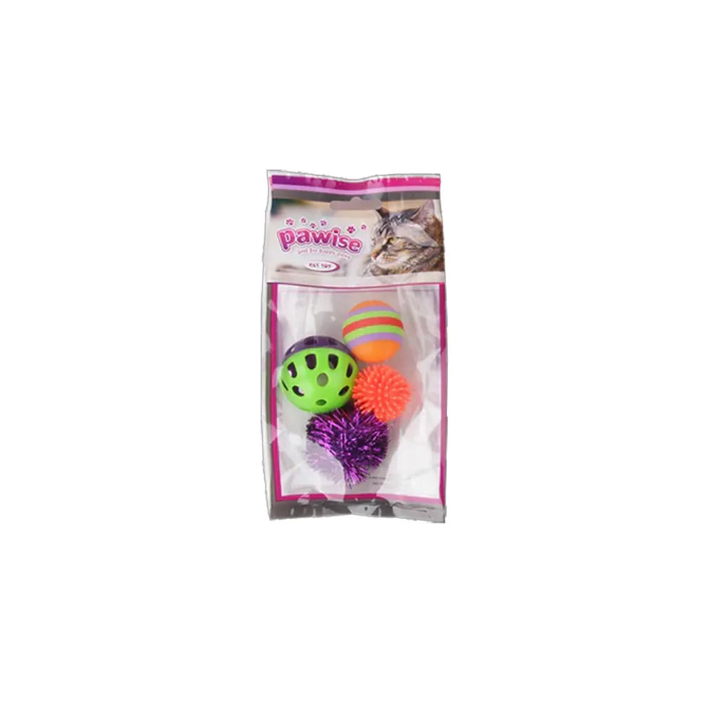 Pawise Set Juguetes 4 Pelotas para Gatos en empaque, incluye pelotas de colores con texturas y diseño para estimular el juego felino