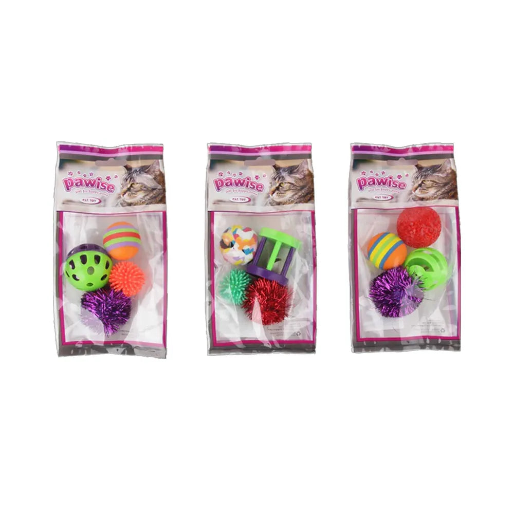 Pawise Set Juguetes 4 Pelotas para Gatos en empaque, incluye pelotas de colores con texturas y diseño para estimular el juego felino
