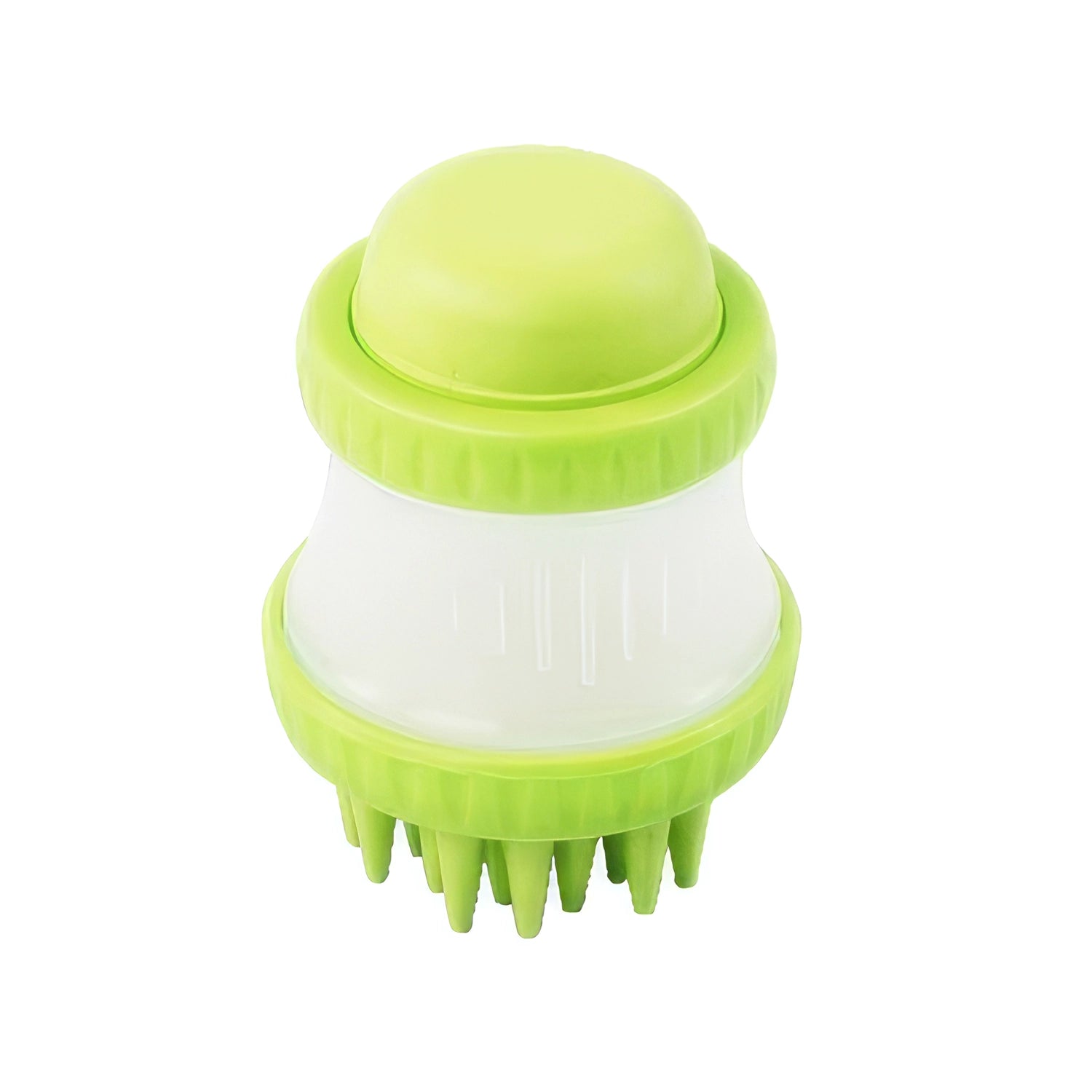Pawise Cepillo de Baño para Mascotas verde con cerdas de silicona y dispensador para limpiar perros y gatos.