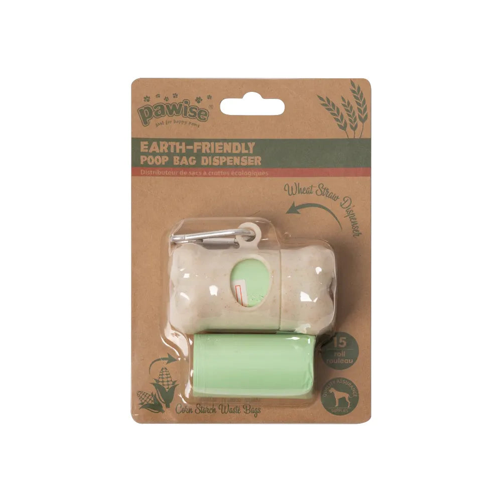 Pawise Dispensador de Bolsas Desechos ecológico con clip metálico y rollo verde, empaque kraft con diseño earth-friendly