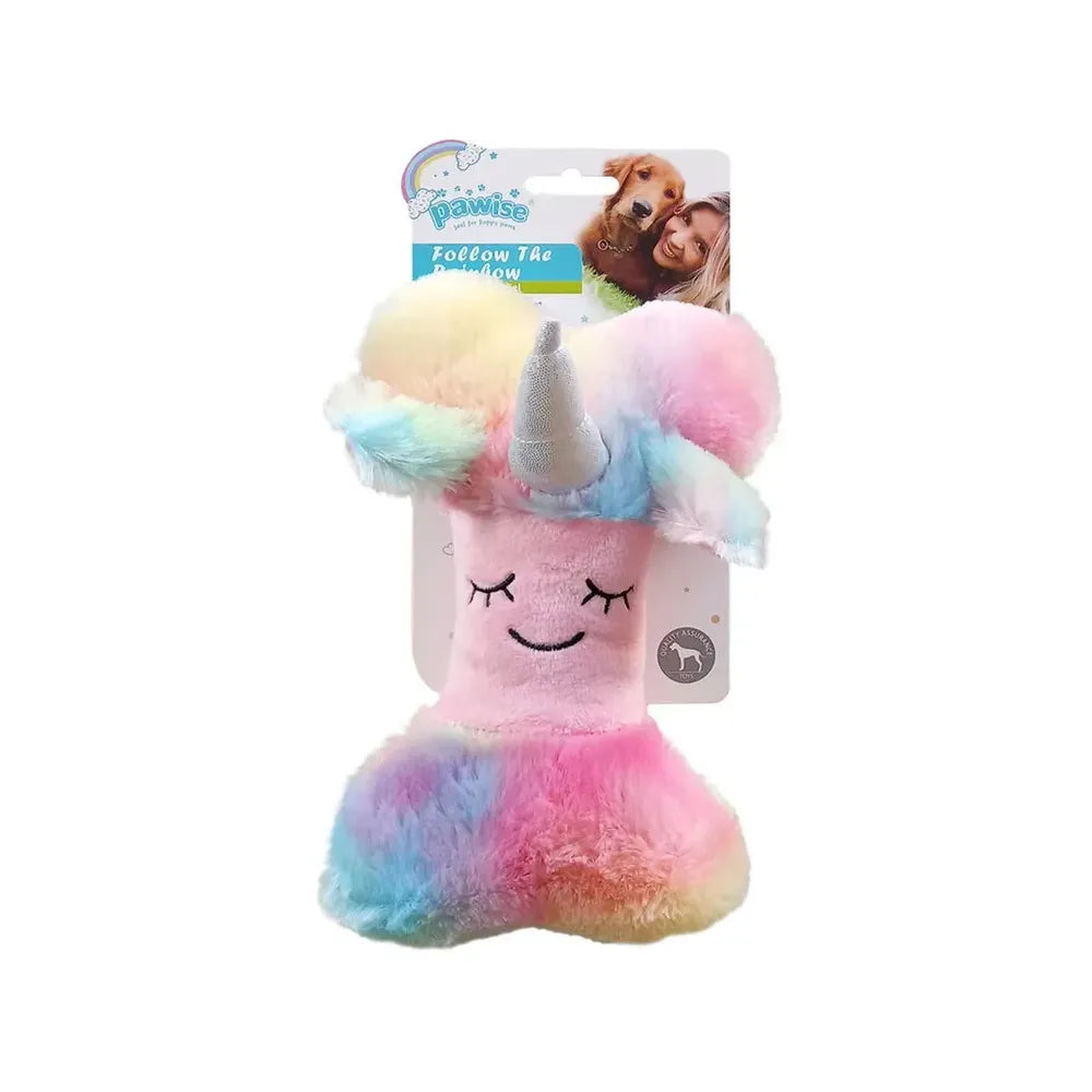 Pawise Juguete Rainbow Hueso para perros, peluche multicolor con diseño suave, cuerno brillante y textura acolchada tipo unicornio