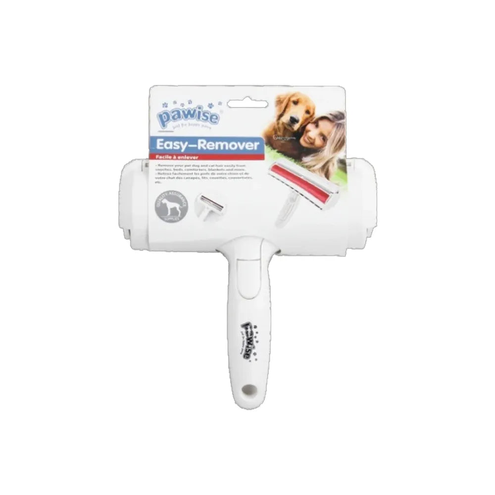Pawise Rodillo Removedor de Pelos con mango blanco y cabezal reutilizable, presentado en empaque con imagen de perro y dueña