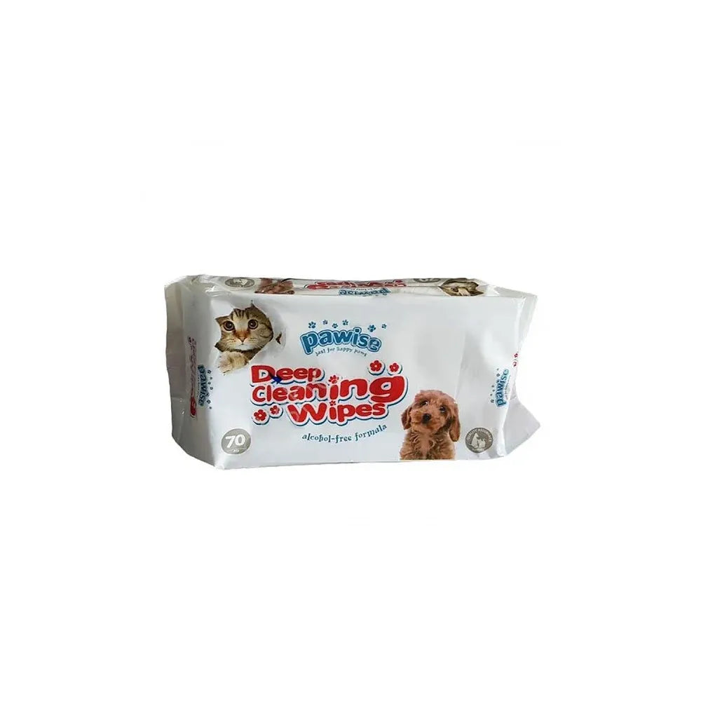 Pawise Toallitas de Limpieza pack de 70 unidades, envase blanco con ilustración de perro y gato, fórmula sin alcohol para higiene diaria
