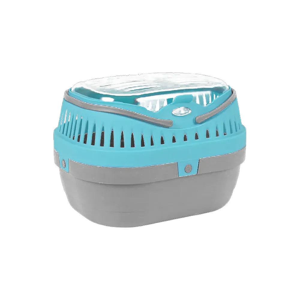 Pawise Trasportadora de Pequeños Animales caja plástica con base gris, parte superior celeste y cubierta transparente ventilada