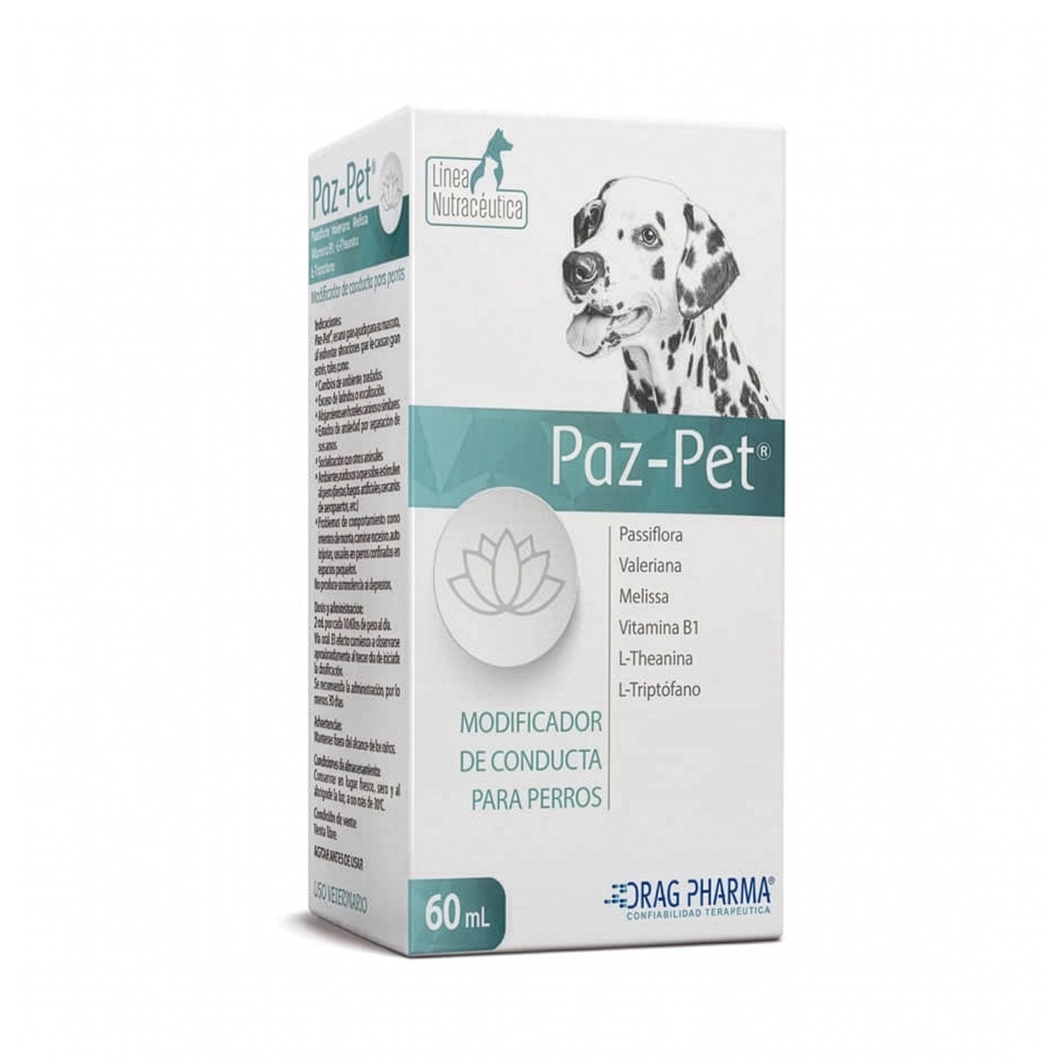 Paz-Pet modificador de conducta para perros en caja blanca y turquesa, suplemento calmante Drag Pharma 60 mL.
