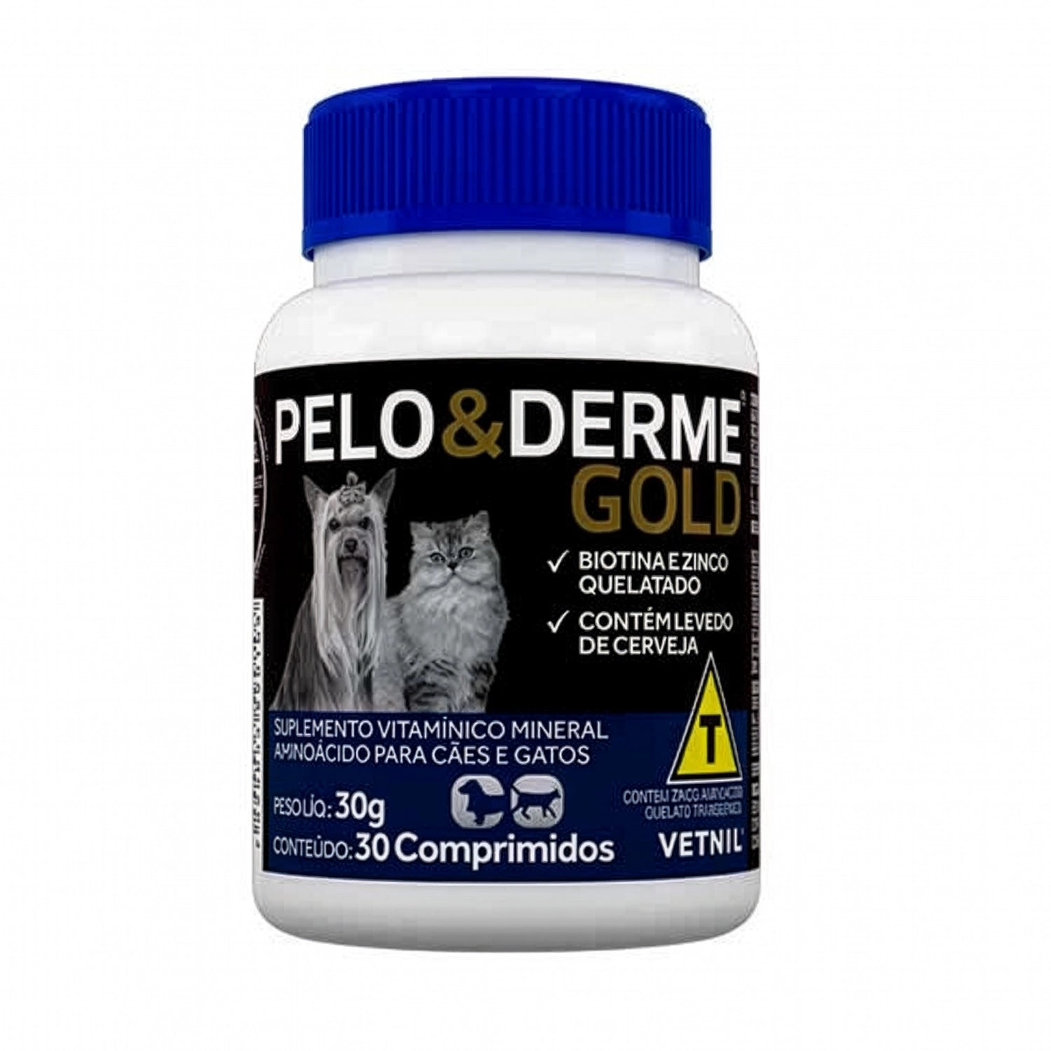 Envase de Pelo & Derme Gold Suplemento 30 comprimidos Vetnil con soporte para piel y pelaje en mascotas.