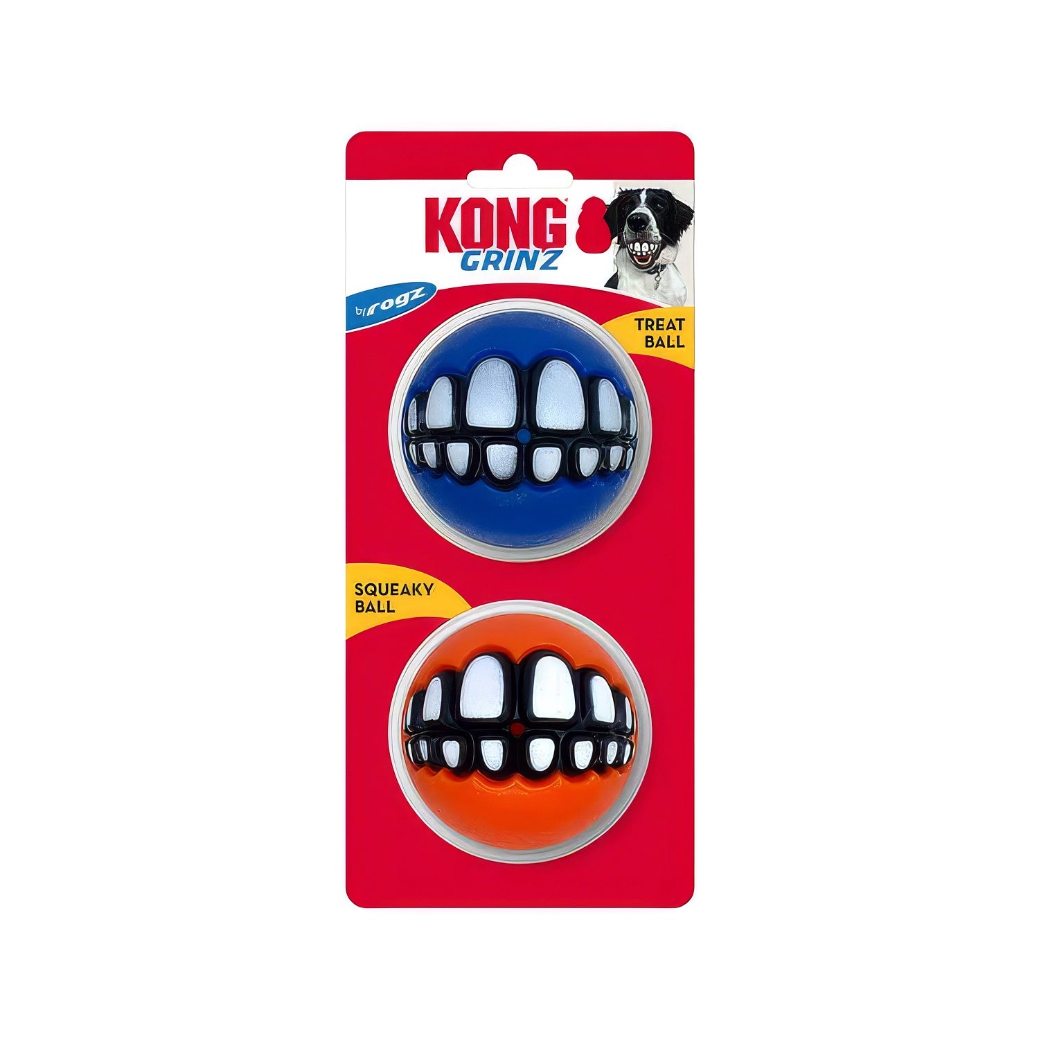 Kong Grinz Balls Pelotas para Perros diseño de dientes blancos impresos, juguete resistente para buscar y morder.
