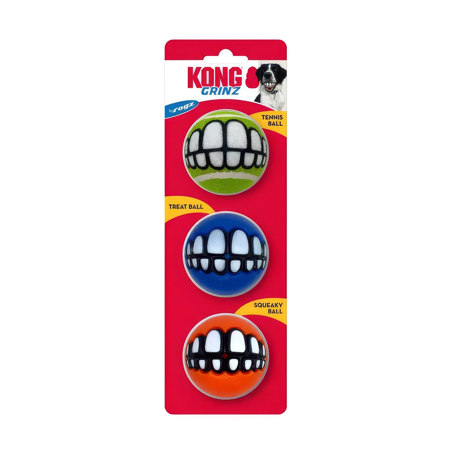 Kong Grinz Balls Pelotas para Perros diseño de dientes blancos impresos, juguete resistente para buscar y morder.