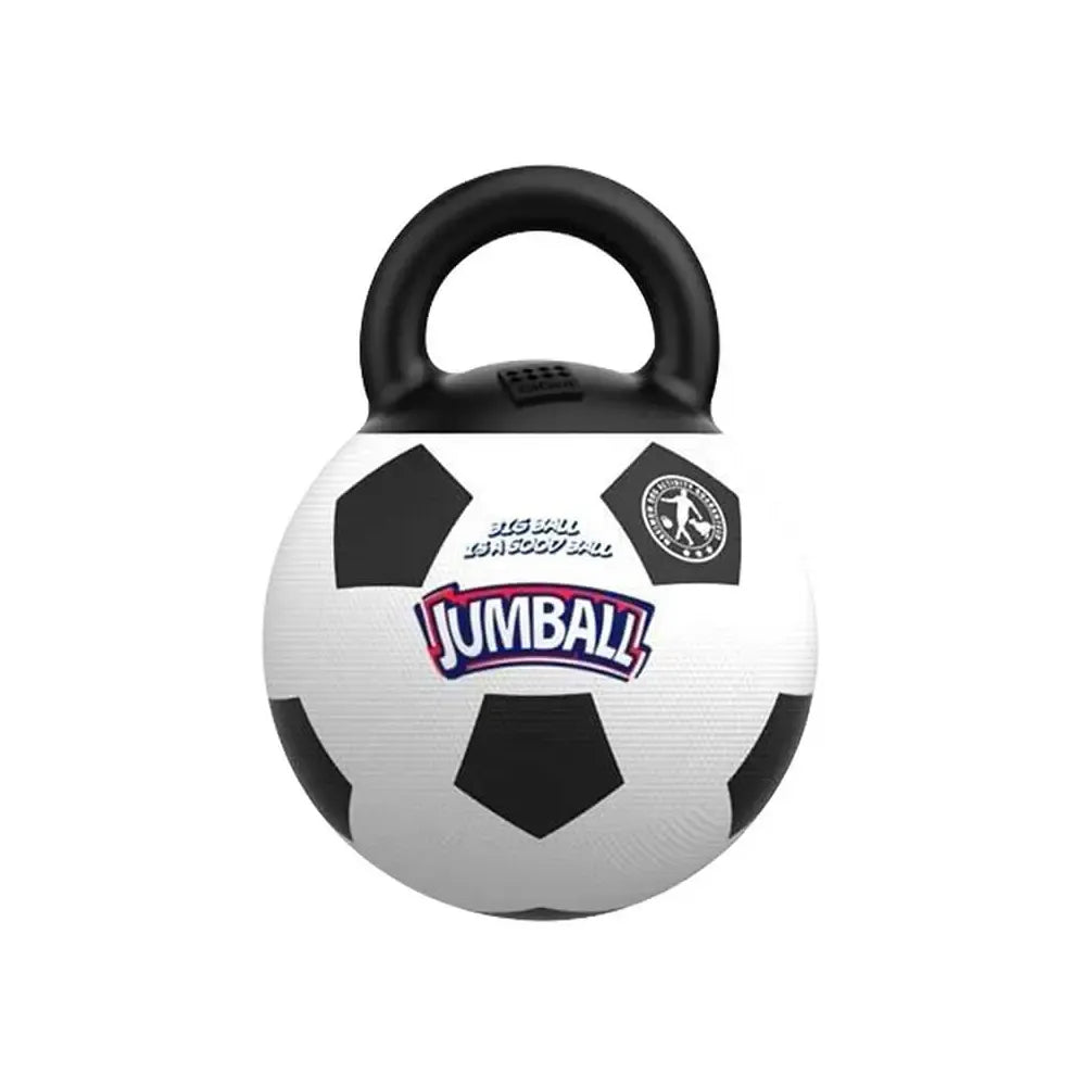 Pelota Fútbol con Mango "JUMBALL", juguete para perros con diseño de balón blanco y negro y asa superior resistente.