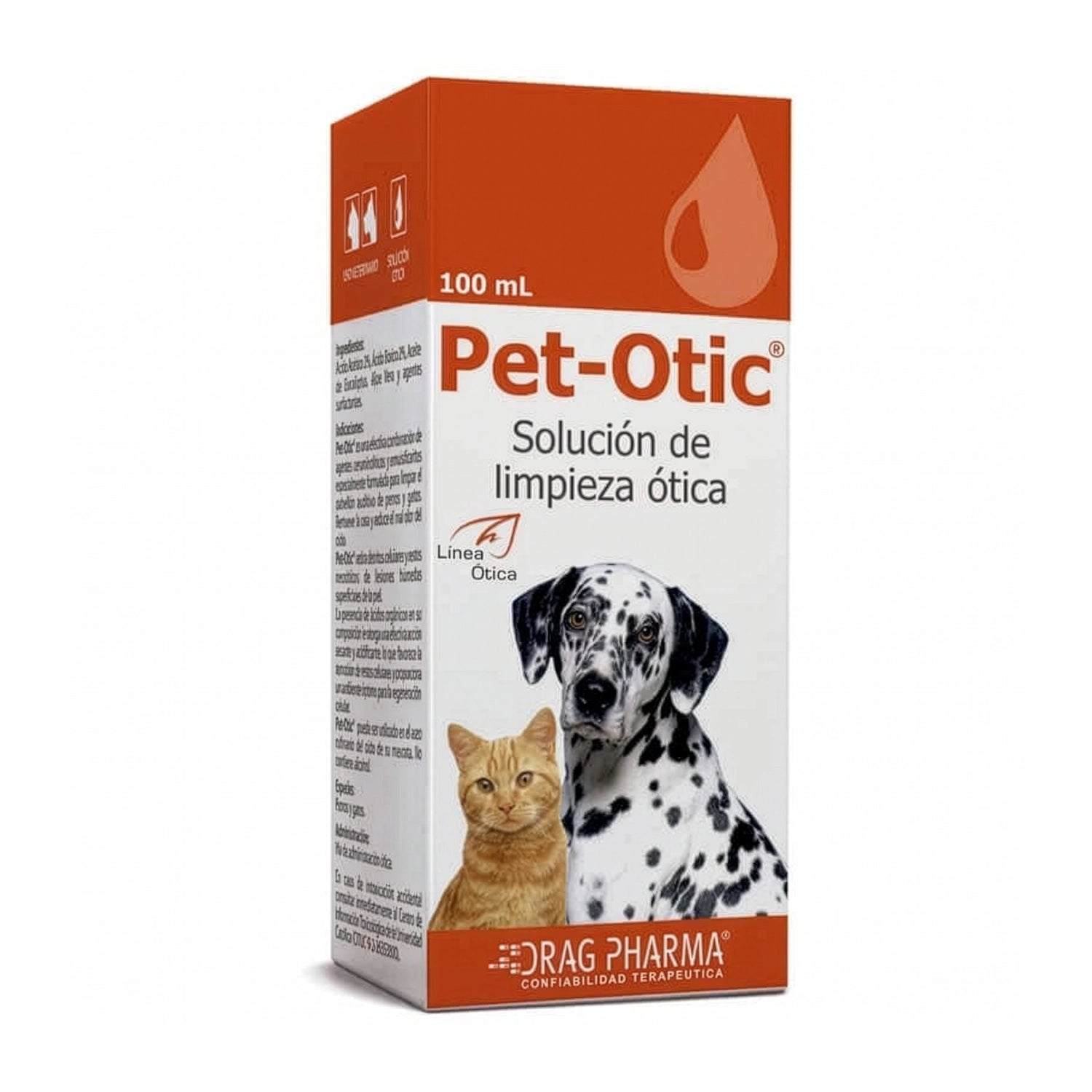 Caja de Pet-Otic Solución Ótica 100 mL para higiene auditiva de perros y gatos sobre fondo blanco.