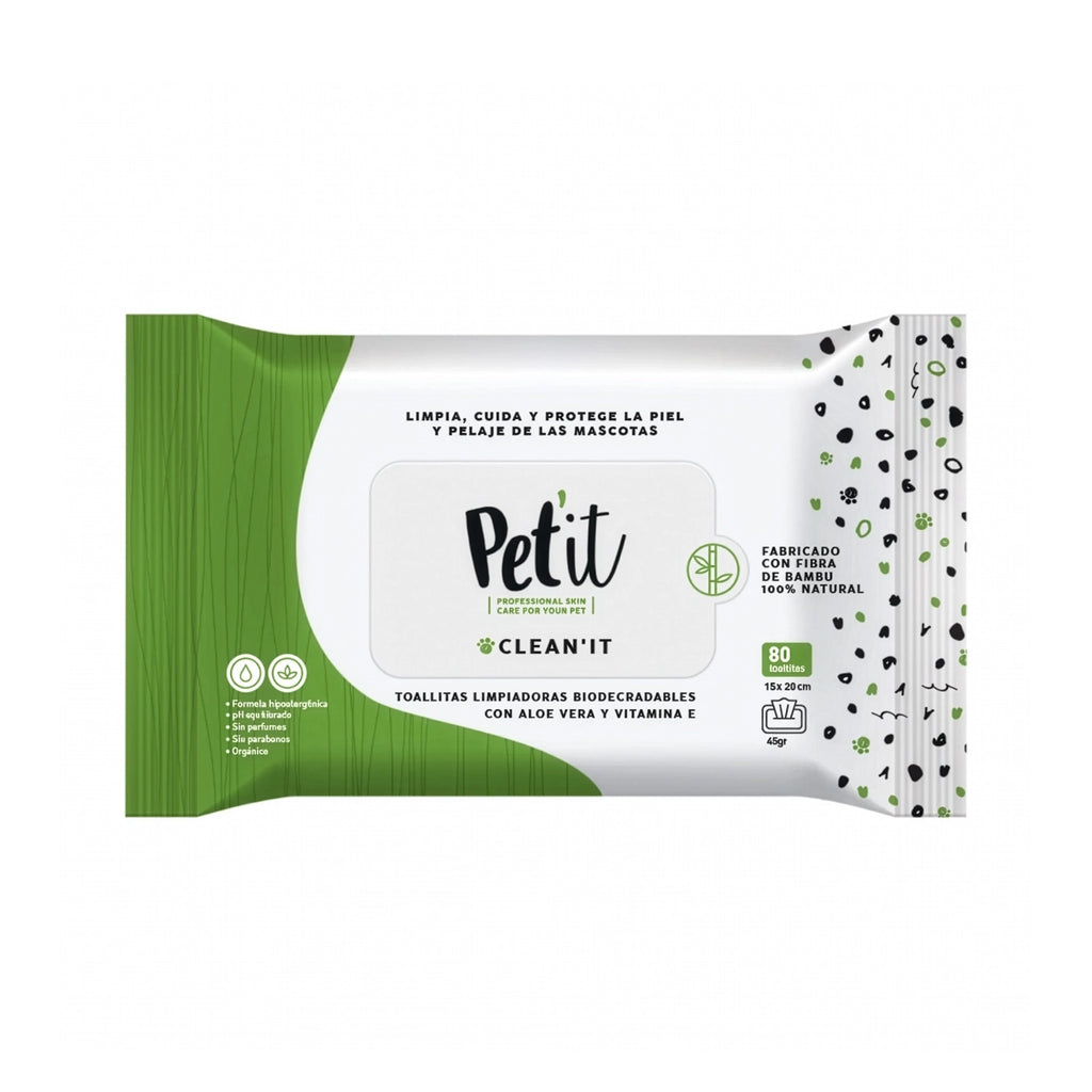 Pet it Toallitas Desechables "Clean'it" para Mascotas, pack de 80 unidades biodegradables con aloe vera y vitamina E.