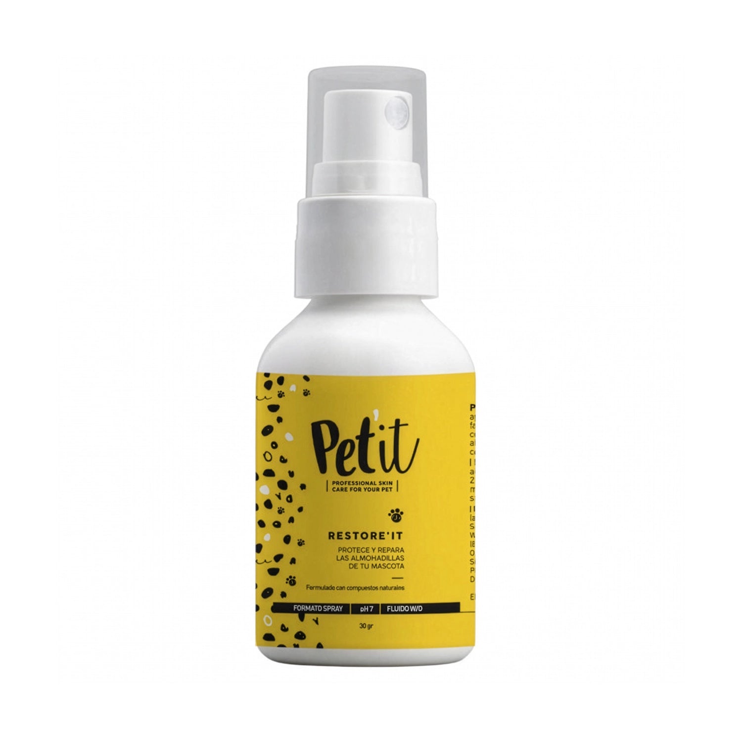 Pet it Spray Protector e Hidratante de Almohadillas "Restore'it" para Mascotas, formato spray de 30 g con compuestos naturales.