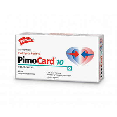 Pimocard 10 mg para perros en caja veterinaria, comprimidos orales con pimobendan para soporte cardíaco canino.