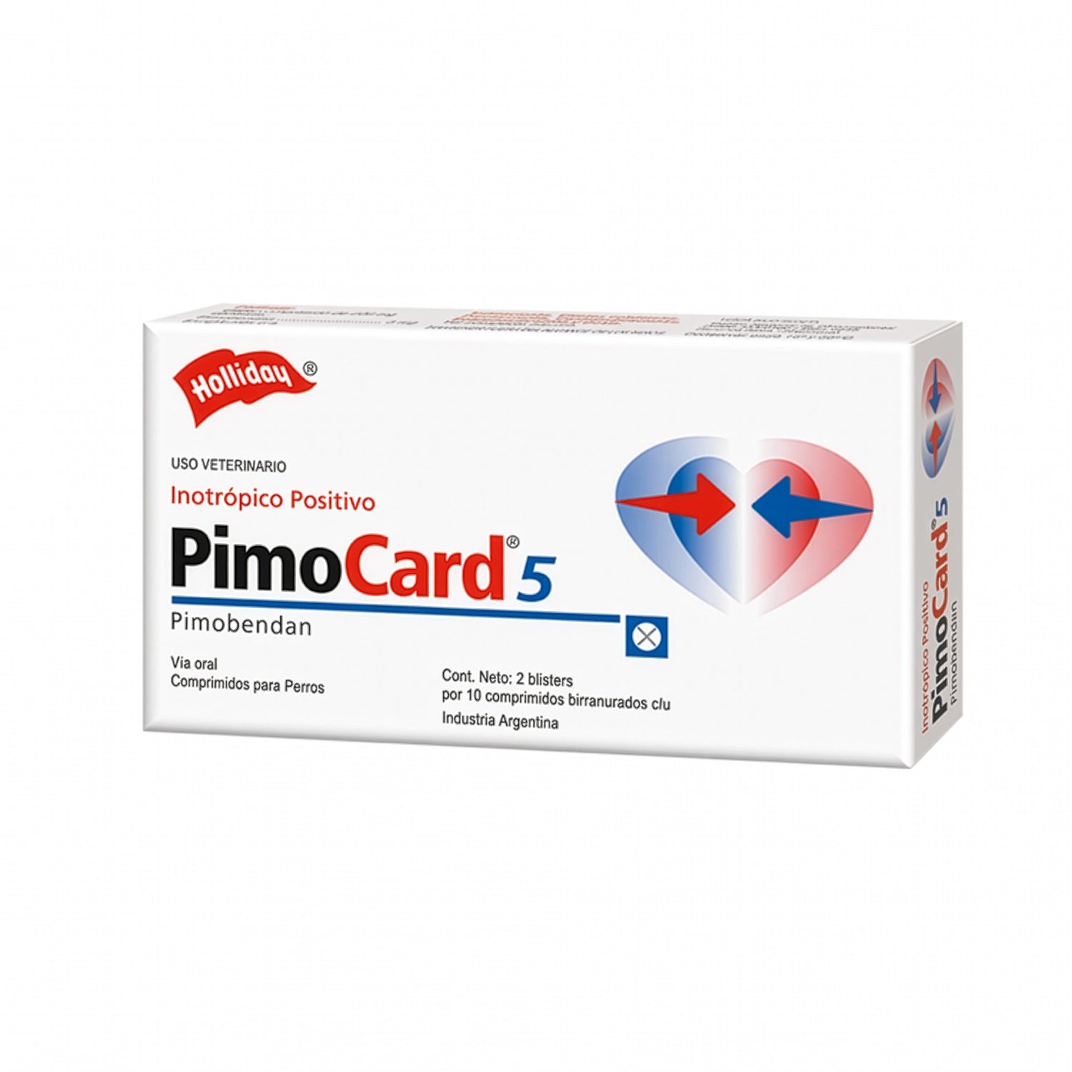 Pimocard 5 comprimidos para perros con pimobendan en caja blanca Holliday y gráfico de corazón veterinario.