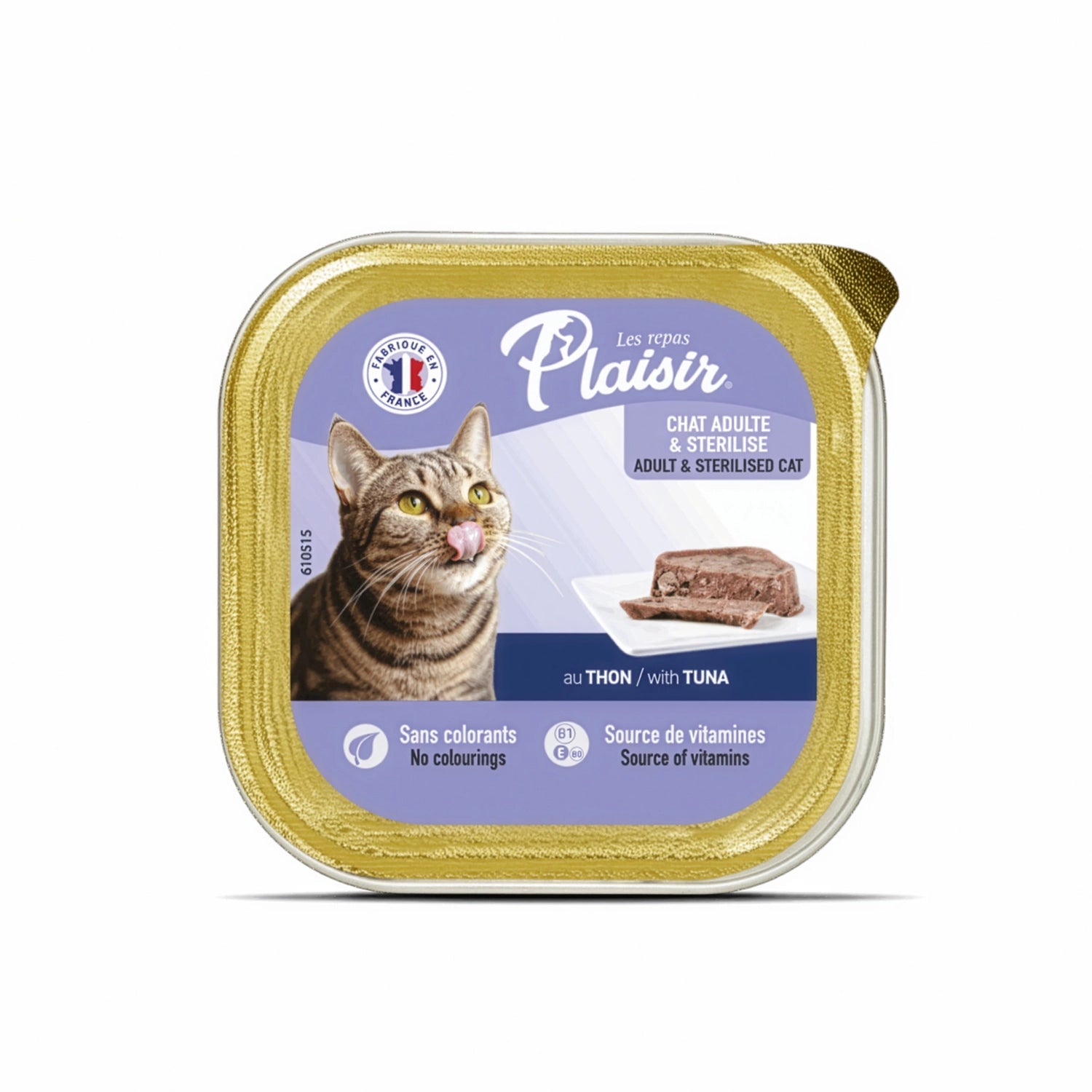 Plaisir Pate Alutray Atún para Gatos, alimento húmedo en bandeja dorada con paté de atún para gatos adultos.