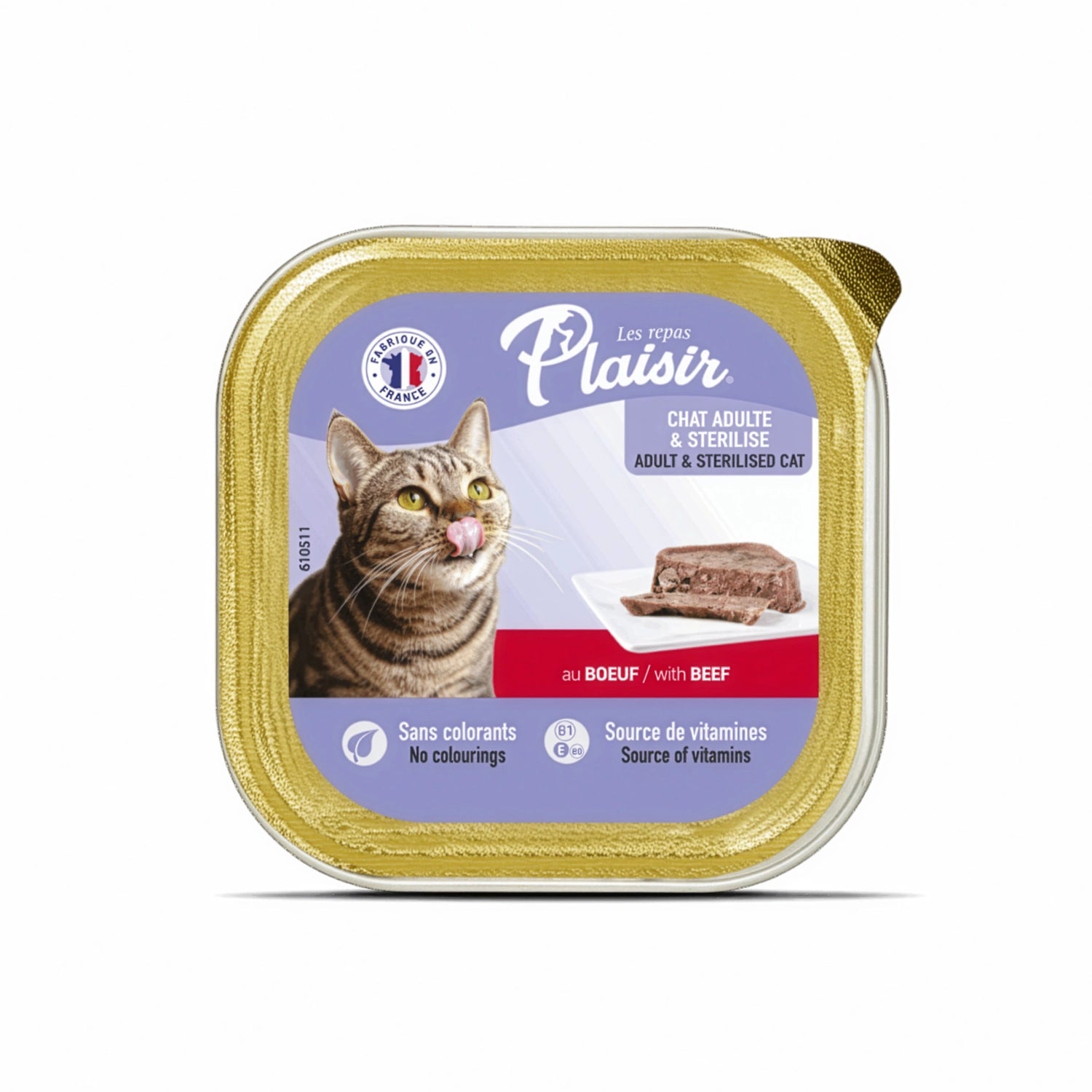 Plaisir Pate Alutray Vacuno para Gatos, alimento húmedo en bandeja dorada con paté de vacuno para gatos adultos.