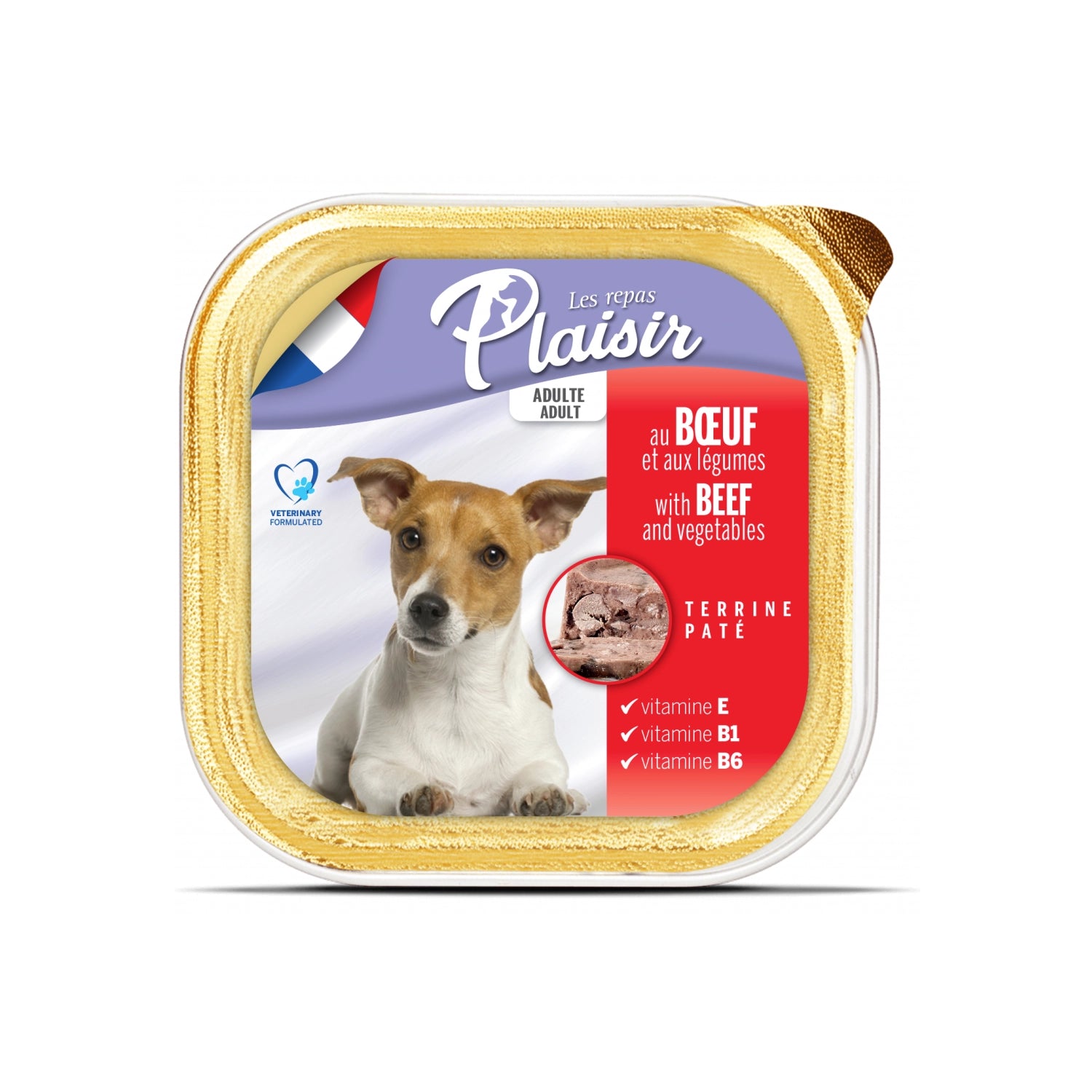 Plaisir Pate Alutray Vacuno y Vegetales para Perros, alimento húmedo en terrina para perros adultos con vitaminas.