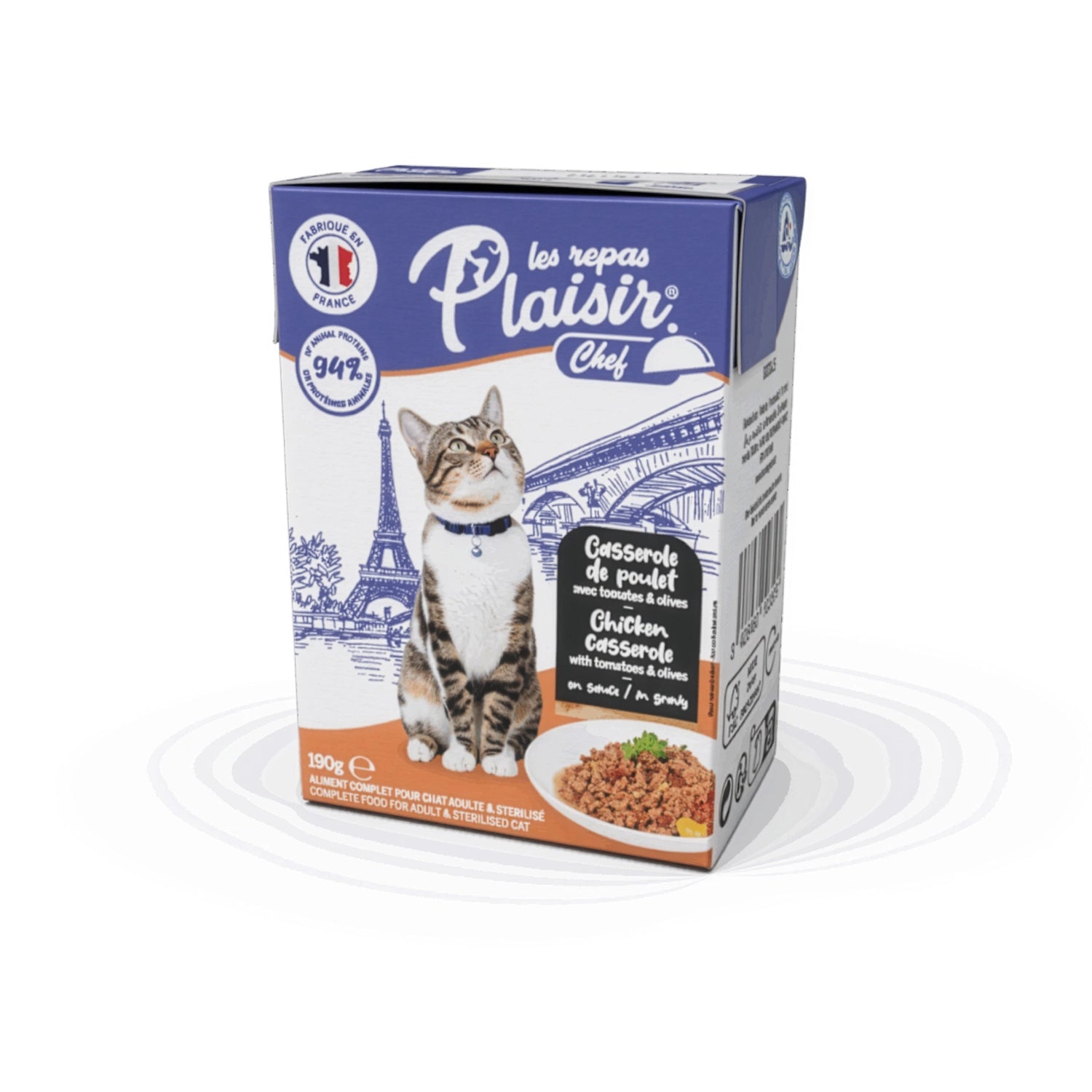 Plaisir Chef Cazuela de Pollo con Tomates y Aceitunas para Gatos, alimento húmedo en caja con 94% de proteína animal.
