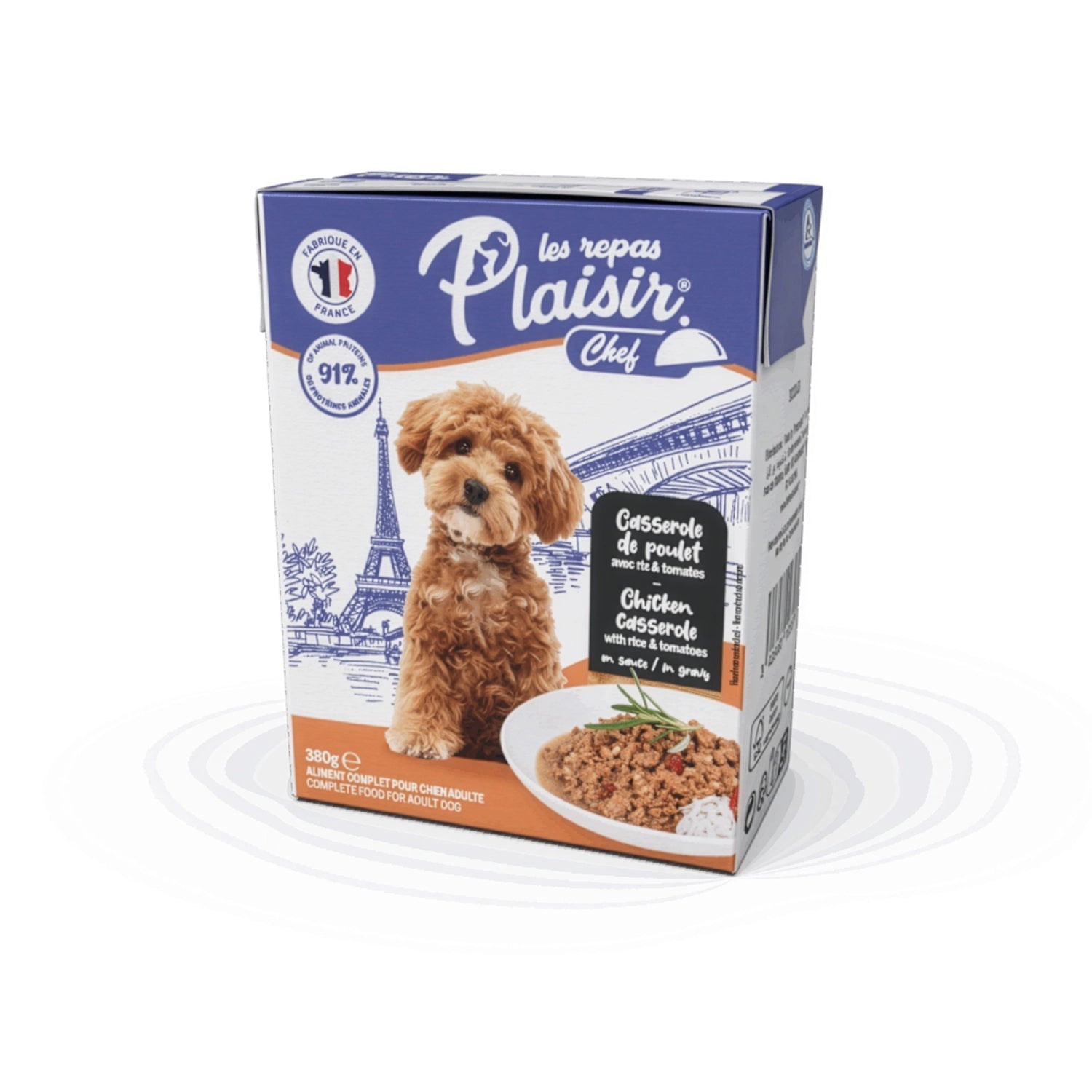 Plaisir Chef Cazuela de Pollo con Arroz y Tomates para Perros, alimento húmedo de 380 g con 91% de proteína animal.