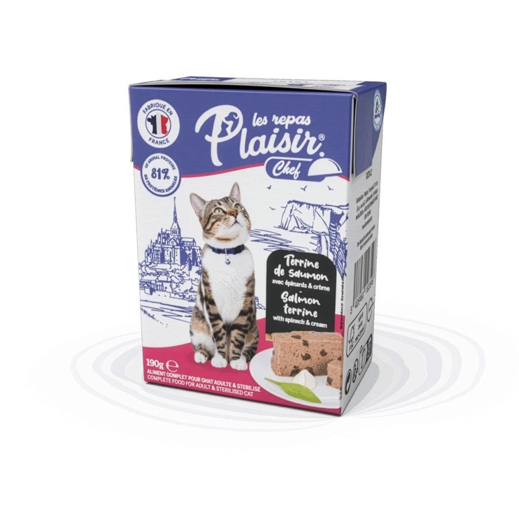 Plaisir Chef Terrina de Salmón con Espinaca y Crema para Gatos, alimento húmedo de 190 g para gatos adultos.