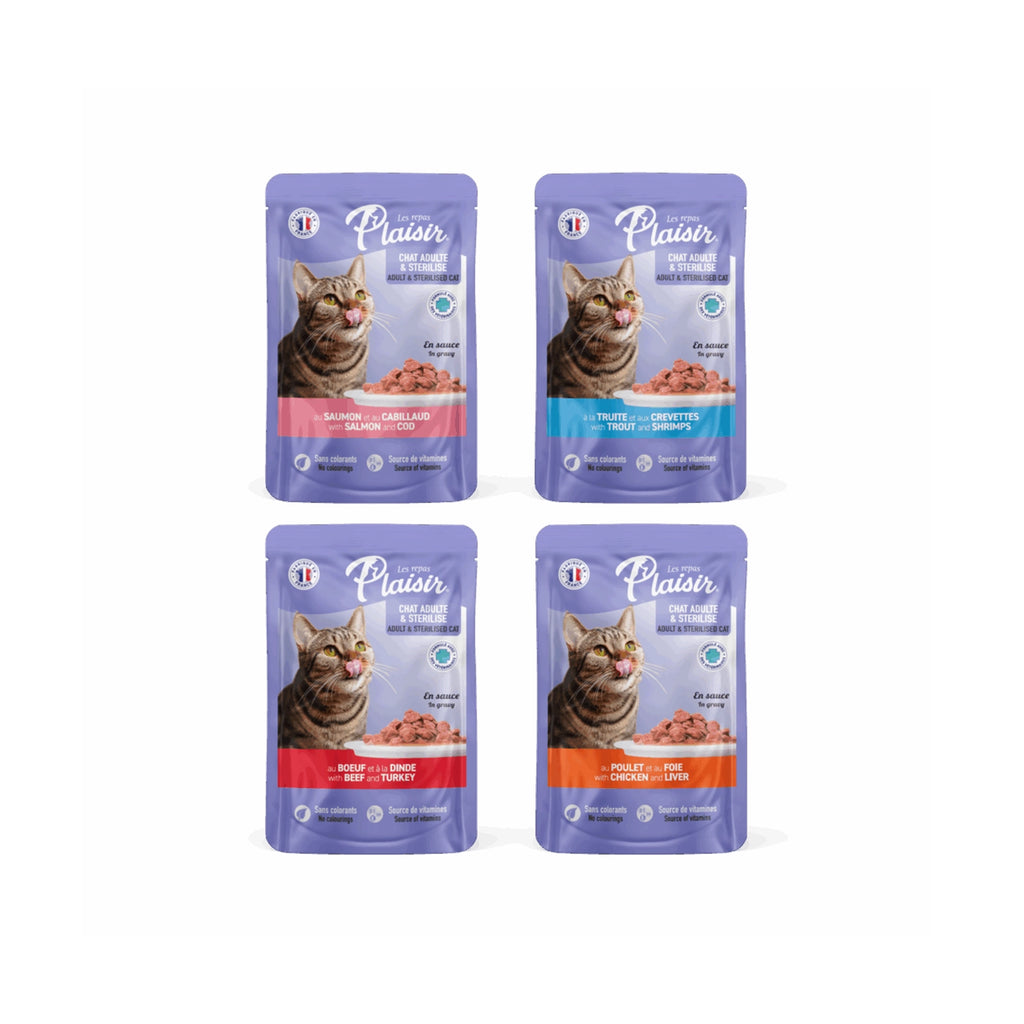 Plaisir Pouch Chunks Mix Sabores para Gatos 12 x 100 g, pack de alimento húmedo con cuatro variedades en salsa.