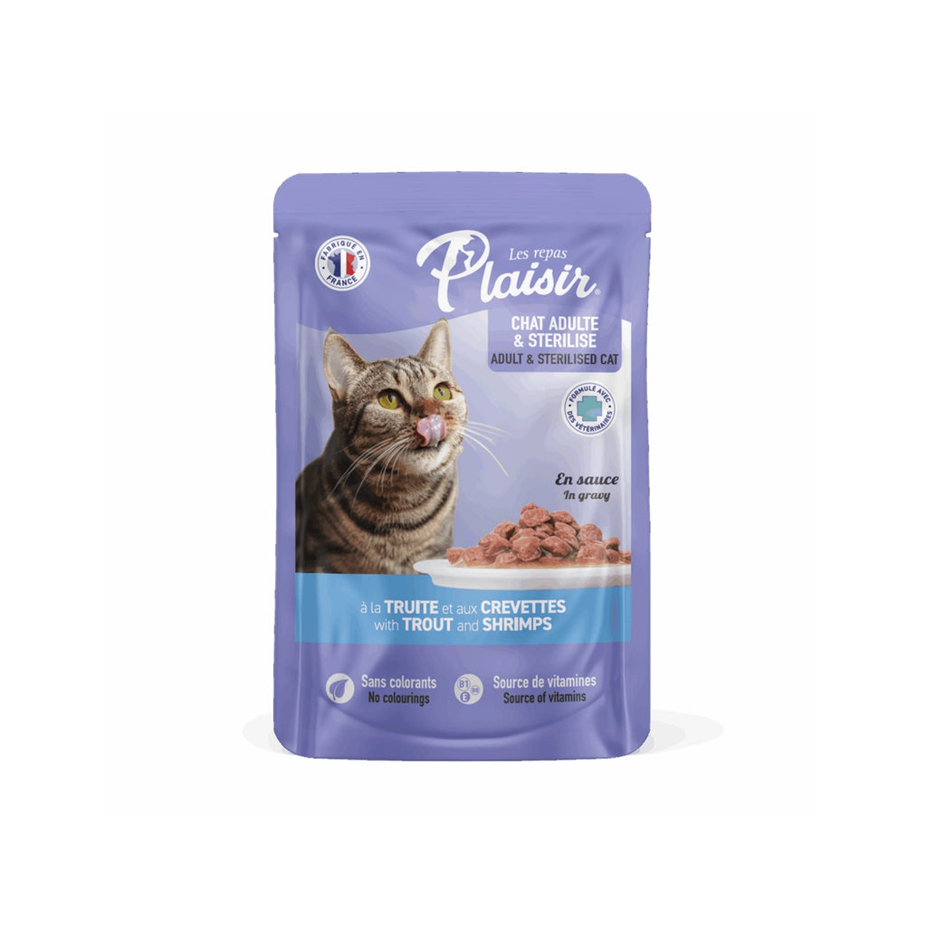 Plaisir Pouch Chunks Trucha y Camarones para Gatos, alimento húmedo en salsa para gatos adultos y esterilizados.