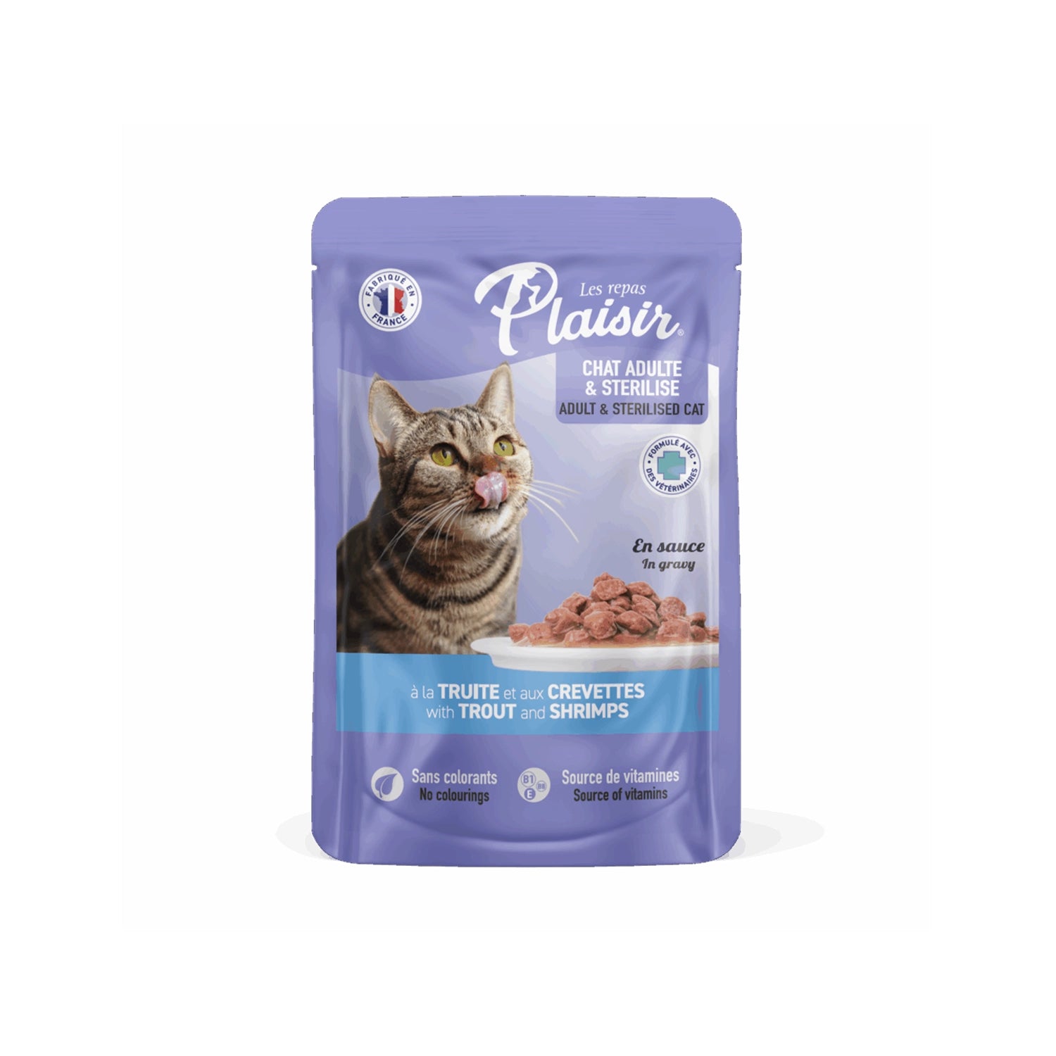 Plaisir Pouch Chunks Trucha y Camarones para Gatos, alimento húmedo en salsa para gatos adultos y esterilizados.