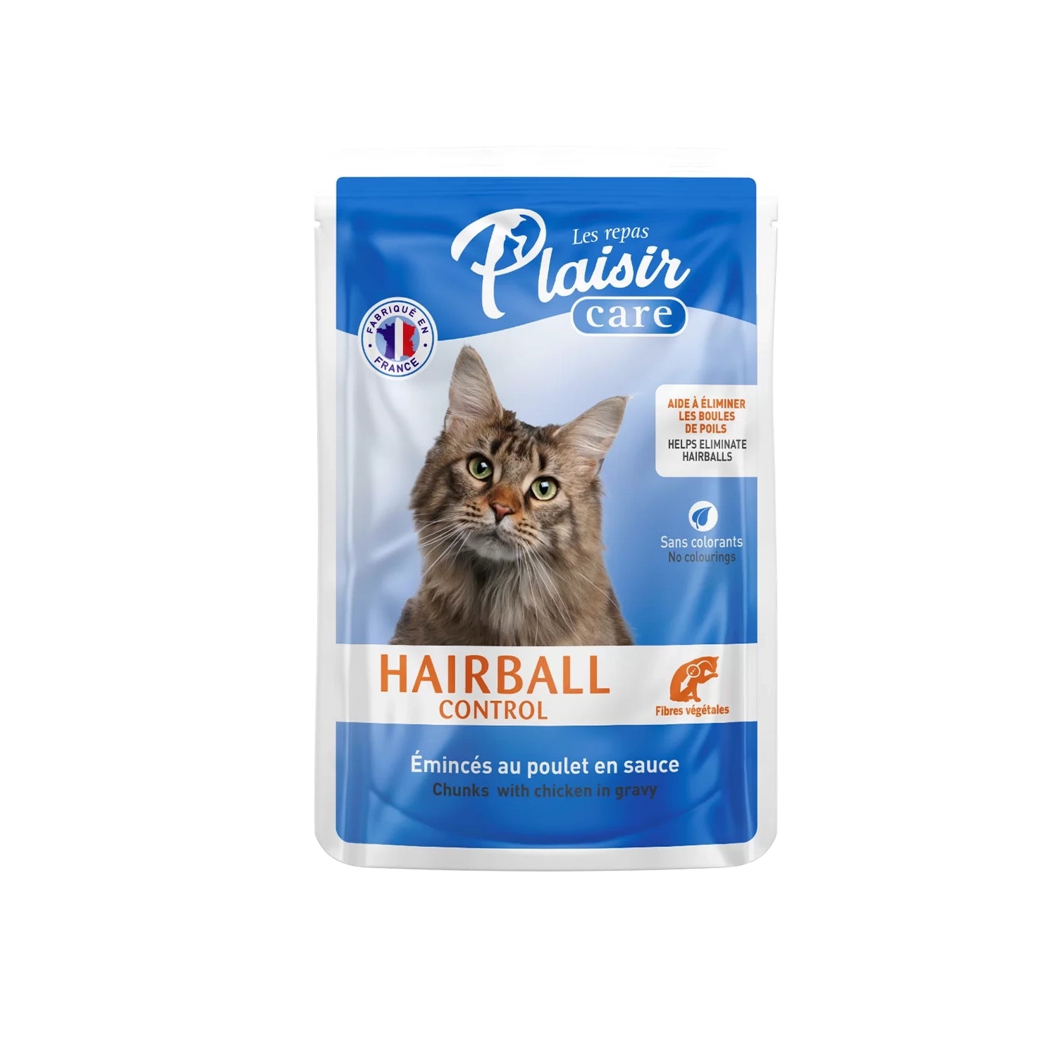 Plaisir Care Pouch Chunks Hairball Control para Gatos, alimento húmedo con pollo en salsa y fibras vegetales.