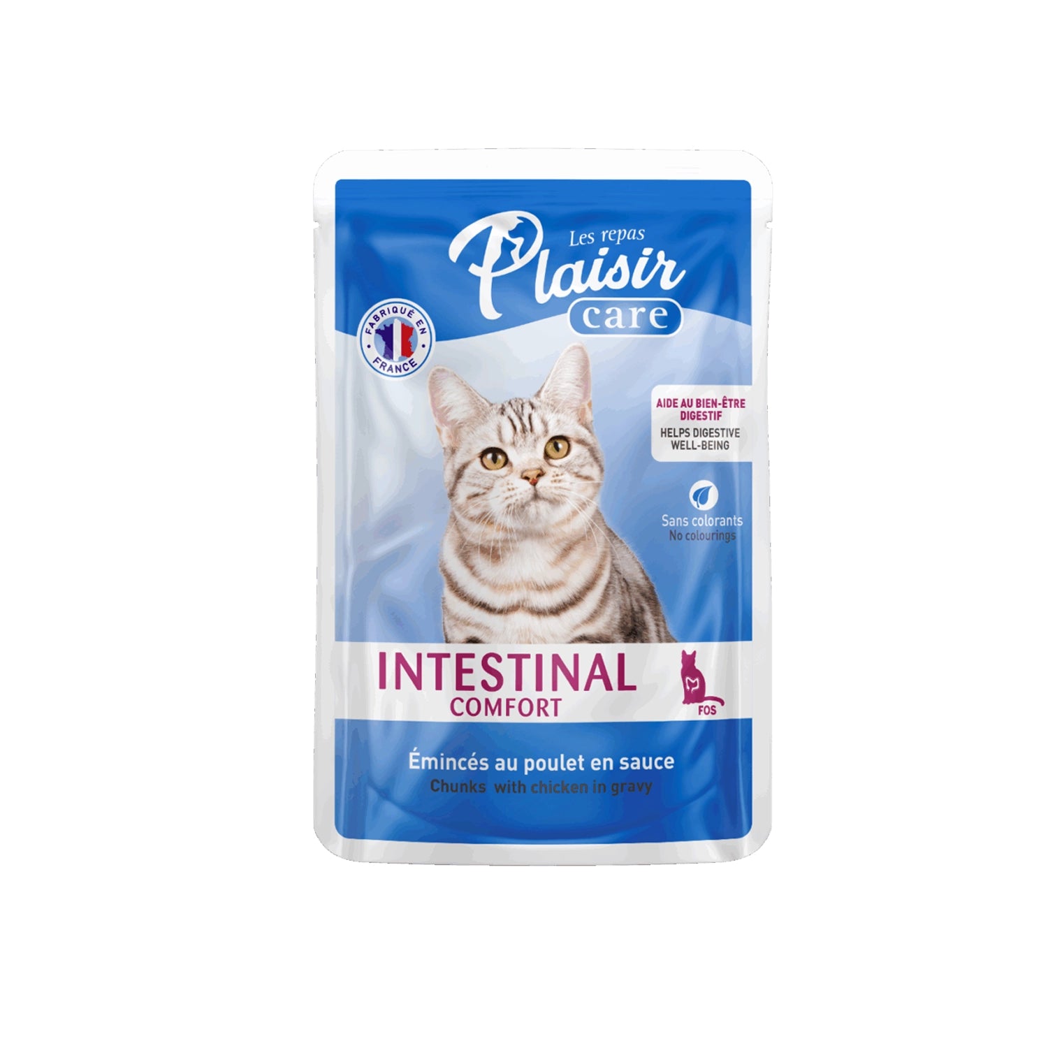 Plaisir Care Pouch Chunks Intestinal Comfort para Gatos, alimento húmedo con pollo en salsa para el bienestar digestivo.