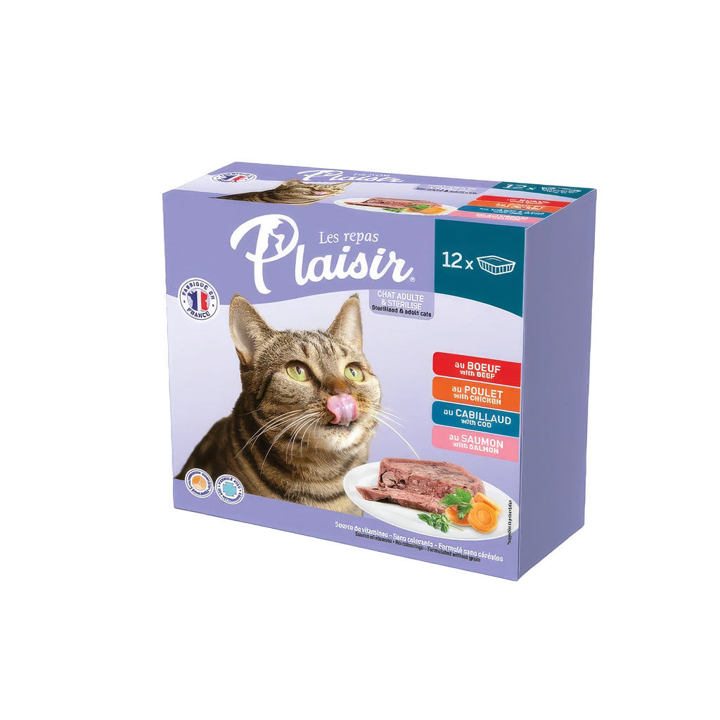 Plaisir Pate Alutray Mix Sabores para Gatos 12 x 100 gr, pack de alimento húmedo con cuatro variedades para gatos adultos.