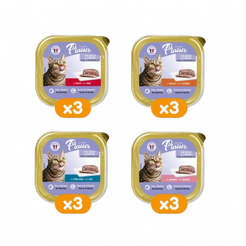 Plaisir Pate Alutray Mix Sabores para Gatos 12 x 100 gr, pack de alimento húmedo con cuatro variedades para gatos adultos.