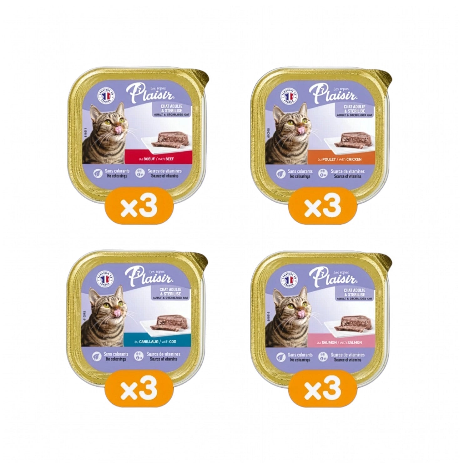 Plaisir Pate Alutray Mix Sabores para Gatos 12 x 100 gr, pack de alimento húmedo con cuatro variedades para gatos adultos.