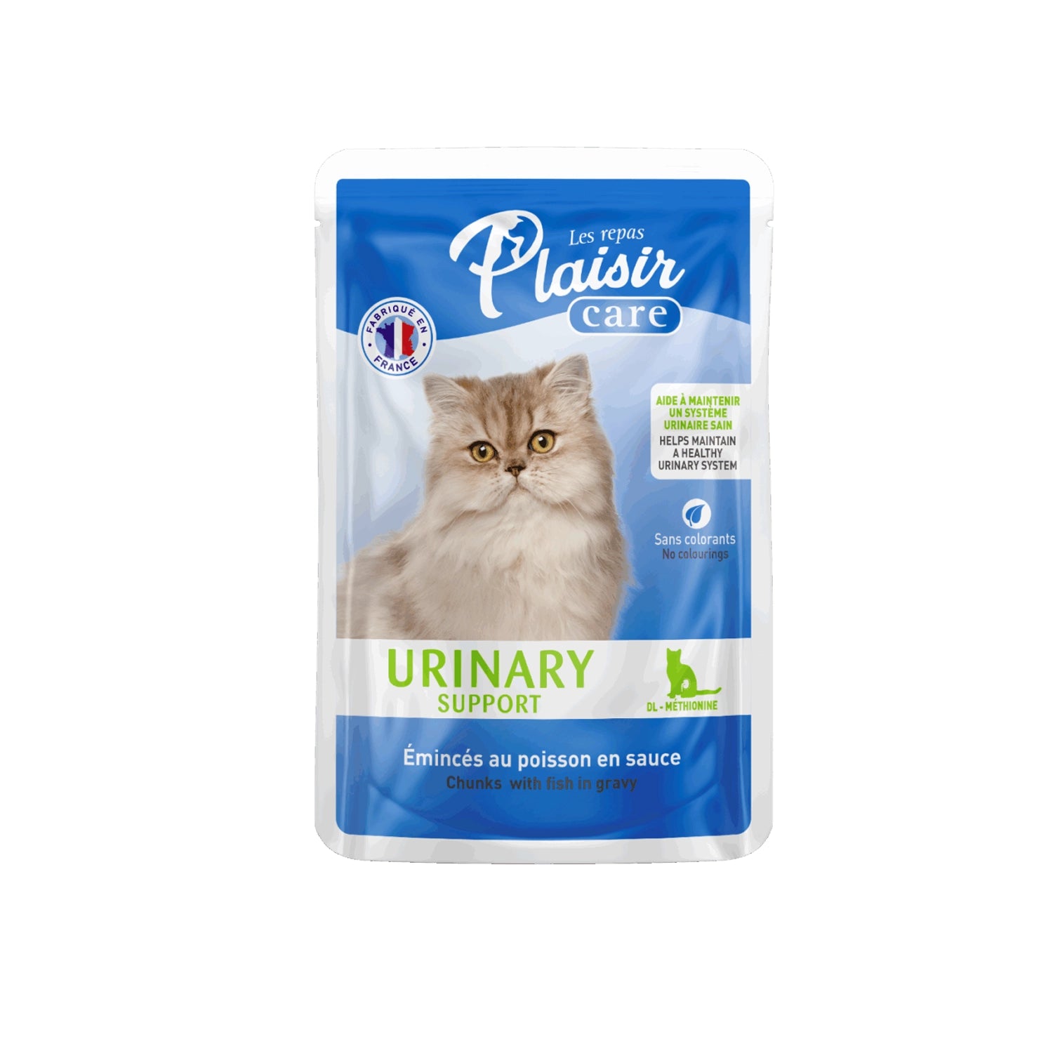 Plaisir Care Pouch Chunks Urinary Support para Gatos, alimento húmedo con pescado en salsa para cuidado urinario.