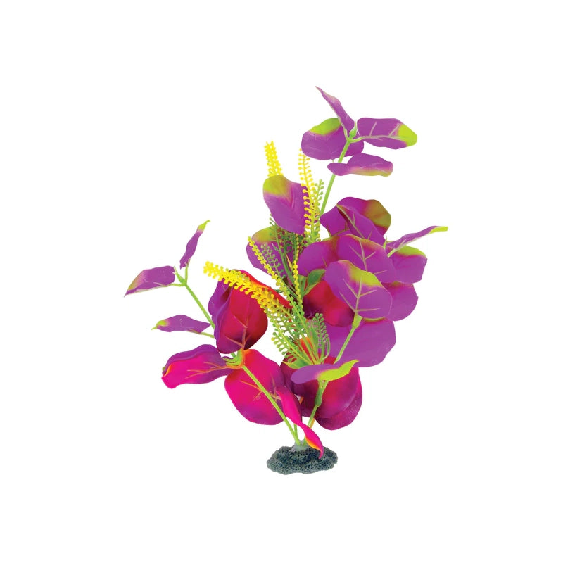 Marina Naturals Planta de Seda Índigo y Rojo con hojas moradas y rojas, decoración artificial para acuario con base estable