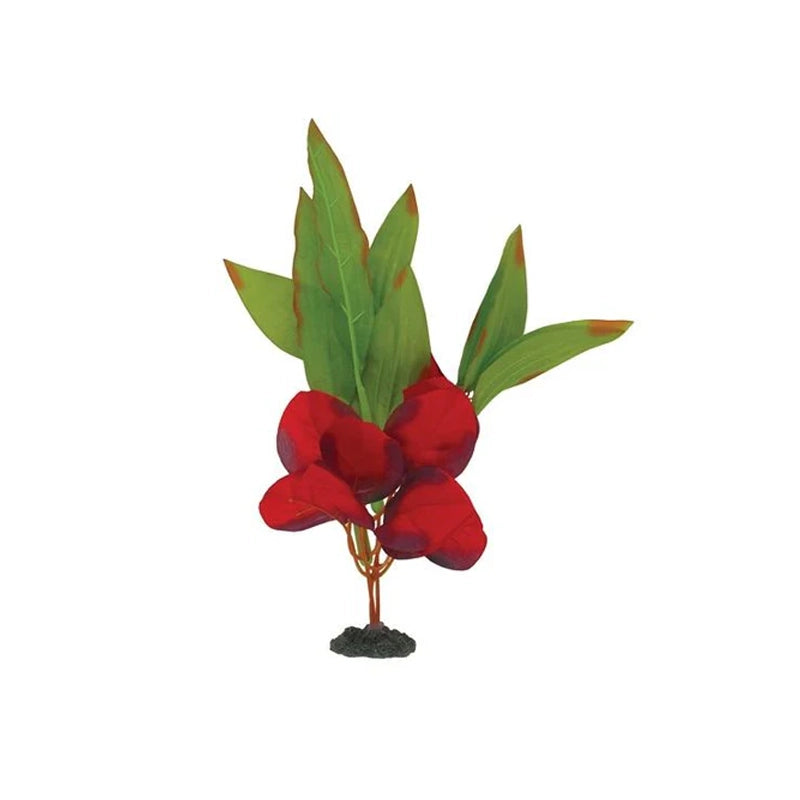 Marina Naturals Planta de Seda Verde con hojas verdes y detalles rojos, decoración artificial para acuarios con base negra