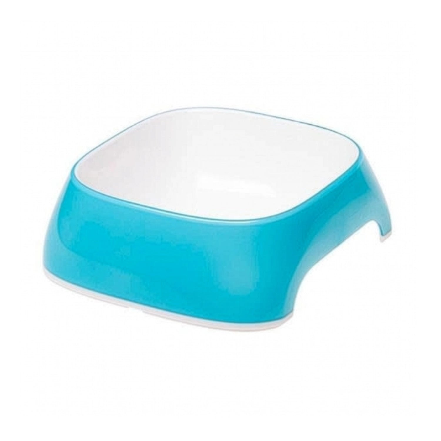 Plato Glam Ferplast 200 mL para perros y gatos en color celeste con interior blanco, diseño ergonómico de plástico y base estable.