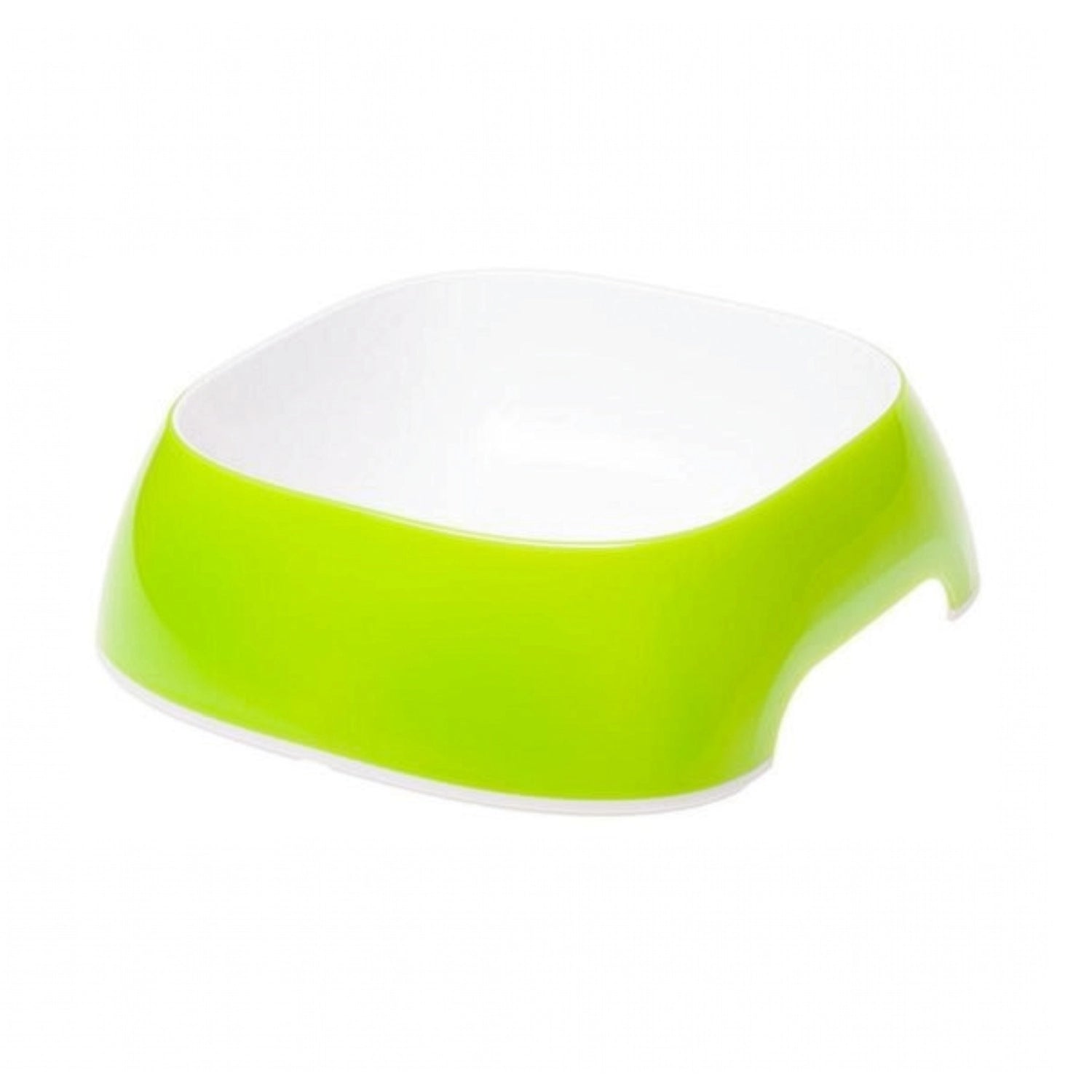 Plato Glam Ferplast 200 mL para perros y gatos en color verde con interior blanco, diseño ergonómico de plástico y base estable.