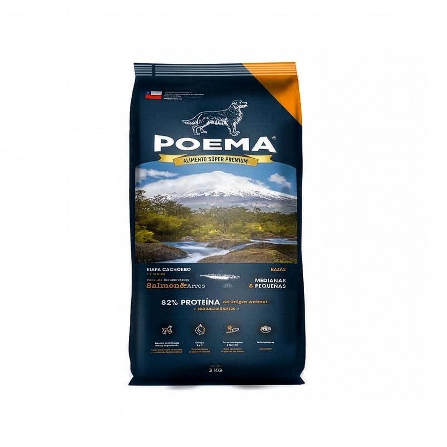 Poema Alimento Salmón para Cachorros saco de alimento seco azul con paisaje natural, fórmula con salmón y arroz para crecimiento
