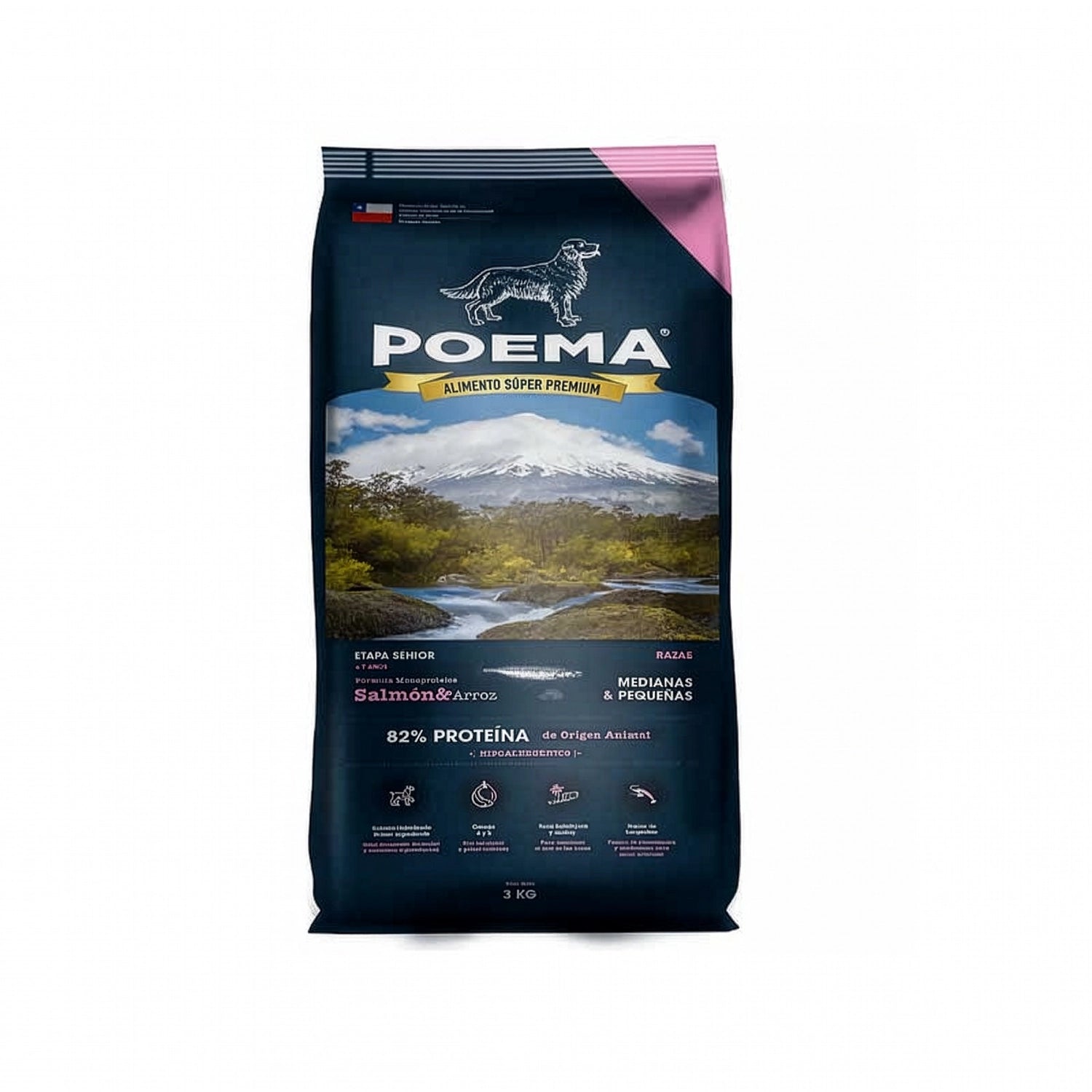 Poema Alimento Salmón para Perros Senior saco de alimento seco azul con paisaje natural, fórmula con salmón y arroz para perros mayores