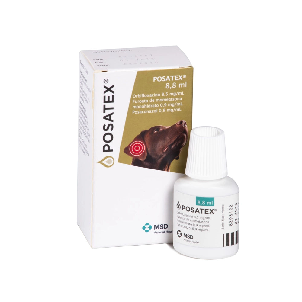 Posatex Gotas Óticas 8ml para perros, frasco con gotario junto a caja del medicamento con imagen de perro y tratamiento para otitis.