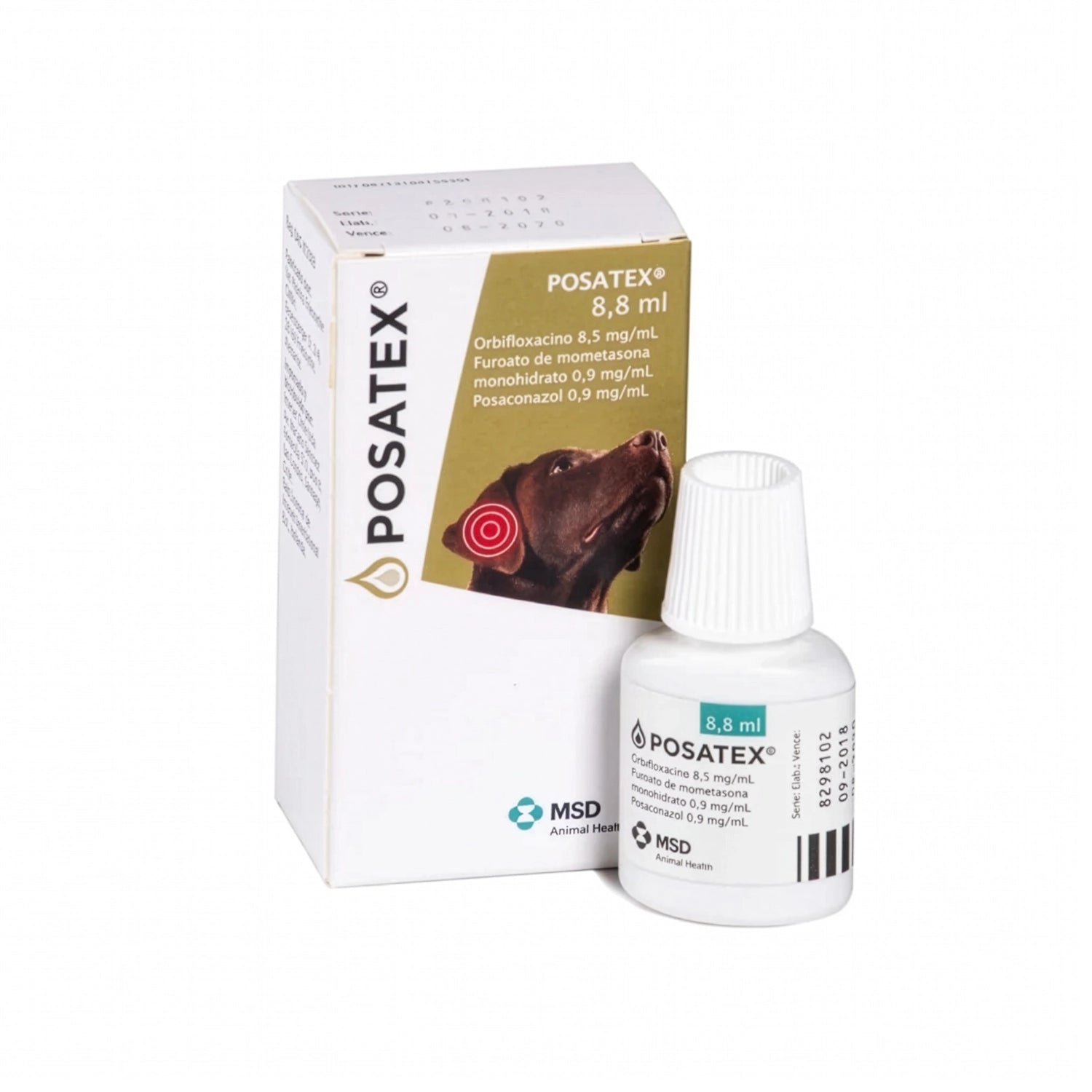 Posatex Gotas Óticas 8ml para perros, frasco con gotario junto a caja del medicamento con imagen de perro y tratamiento para otitis.