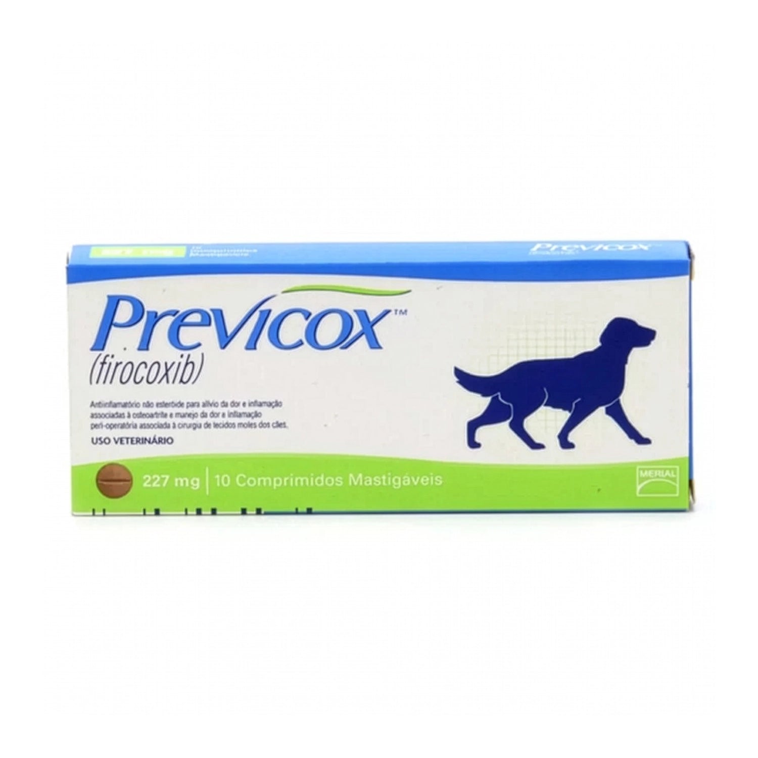 Caja veterinaria Previcox 227 mg con 10 comprimidos masticables, antiinflamatorio para perros con diseño azul y verde.