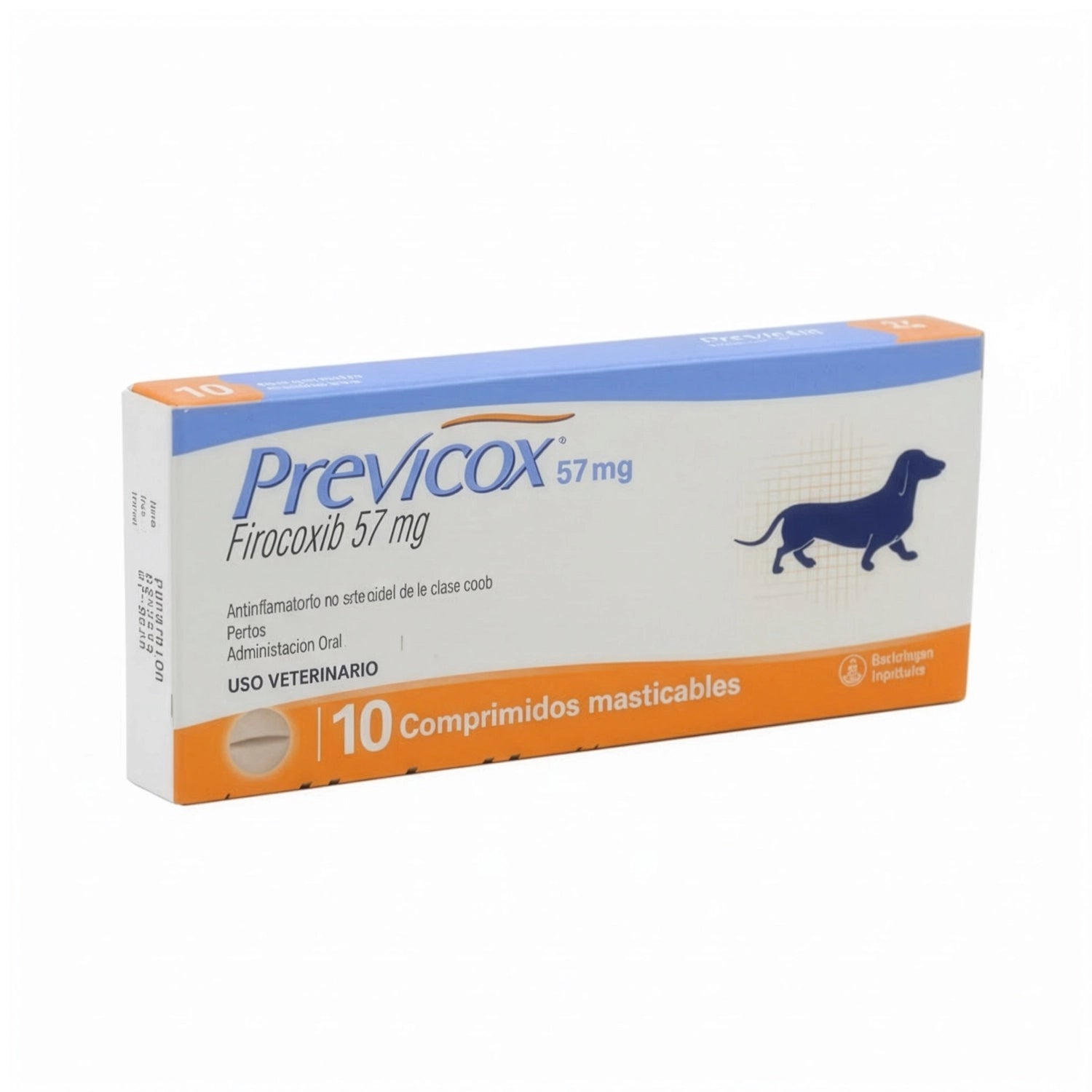 Previcox 57 mg en caja con 10 comprimidos masticables para perros y tratamiento antiinflamatorio veterinario.