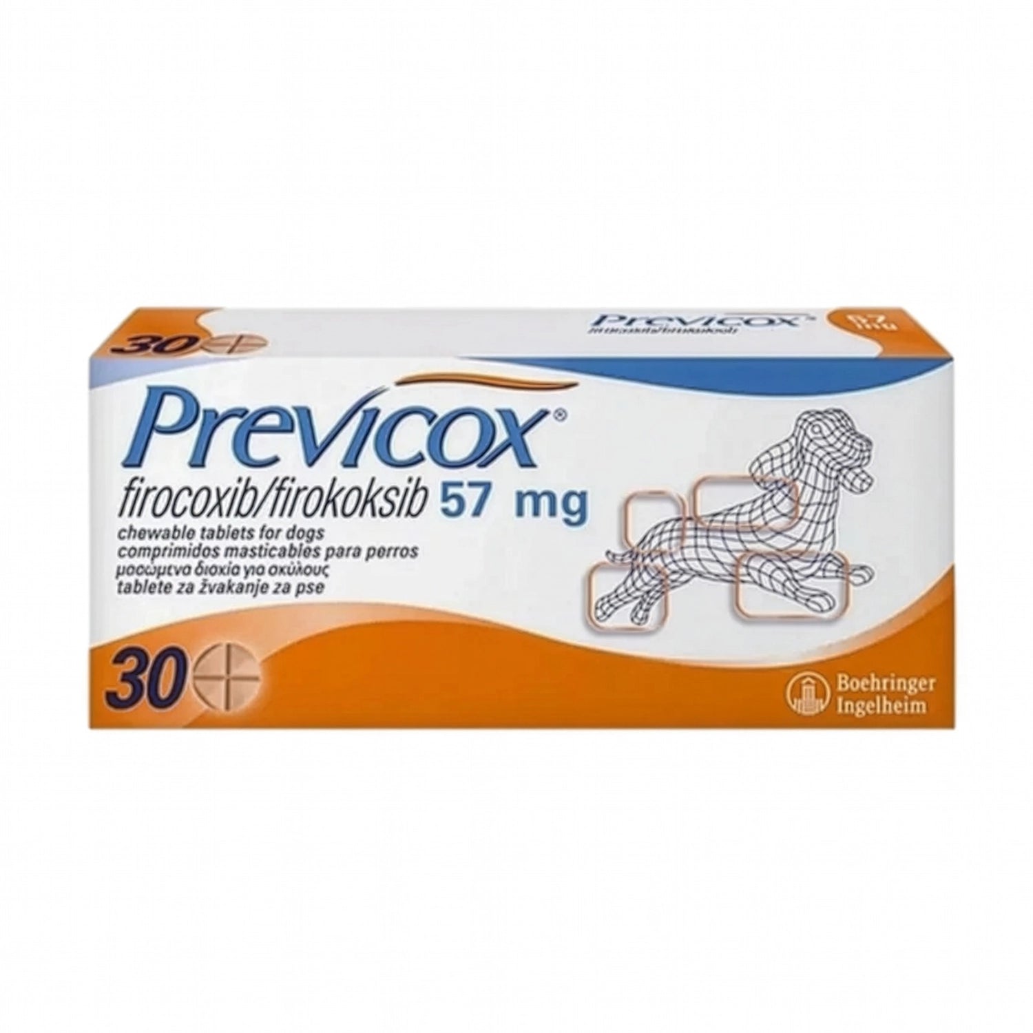 Previcox 57 mg en caja con 30 comprimidos masticables para perros y tratamiento antiinflamatorio veterinario.